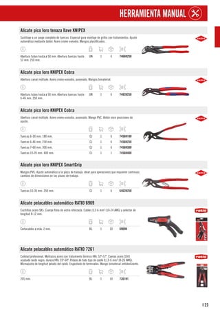 23
I
HERRAMIENTA MANUAL
Alicate pico loro tenaza llave KNIPEX
Sustituye a un juego completo de tuercas. Especial para montaje de grifos con tratamientos. Ajuste
automático mediante botón. Acero cromo vanadio. Mangos plastificados.
Abertura tubos hasta ø 50 mm. Abertura tuercas hasta
52 mm. 250 mm.
UN 1 6 7466H250
Alicate pico loro KNIPEX Cobra
Abertura canal múltiple. Acero cromo-vanadio, pavonado. Mangos bimaterial.
Abertura tubos hasta ø 50 mm. Abertura tuercas hasta
6-46 mm. 250 mm.
UN 1 6 7482H250
Alicate pico loro KNIPEX Cobra
Abertura canal múltiple. Acero cromo-vanadio, pavonado. Mango PVC. Botón once posiciones de
ajuste.
Tuercas 6-30 mm. 180 mm. CJ 1 6 7456H180
Tuercas 6-46 mm. 250 mm. CJ 1 6 7456H250
Tuercas 7-60 mm. 300 mm. CJ 1 6 7456H300
Tuercas 10-95 mm. 400 mm. CJ 1 1 7456H400
Alicate pico loro KNIPEX SmartGrip
Mangos PVC. Ajuste automático a la pieza de trabajo; ideal para operaciones que requieren continuos
cambios de dimensiones en las piezas de trabajo.
Tuercas 10-36 mm. 250 mm. CJ 1 6 6462H250
Alicate pelacables automático RATIO 6969
Cuchillas acero SK5. Cuerpo fibra de vidrio reforzada. Cables 0,2-6 mm² (10-24 AWG) y selector de
longitud 8-12 mm.
Cortacables ø máx. 2 mm. BL 1 10 6969H
Alicate pelacables automático RATIO 7261
Calidad profesional. Mordazas acero con tratamiento térmico HRc 52º-57º. Cuerpo acero SS41
acabado óxido negro, dureza HRc 55º-60º. Pelado de todo tipo de cable 0,13-6 mm² (8-26 AWG).
Microajuste de longitud pelado del cable. Engastado de terminales. Mango bimaterial antideslizante.
205 mm. BL 1 10 7261H1
 