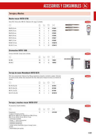 251
I
ACCESORIOS Y CONSUMIBLES
Terrajas y Machos
Macho roscar RATIO 6786
Acero HSS. Viruta corta. DIN 352. Tolerancia 6H. Juego 3 unidades.
M3xP0,50 mm. PL 1 48 6786H3
M4xP0,70 mm. PL 1 8 6786H4
M5xP0,80 mm. PL 1 1 6786H5
M6xP1,00 mm. PL 1 1 6786H6
M7xP1,00 mm. PL 1 8 6786H7
M8xP1,25 mm. PL 1 8 6786H8
M10xP1,50 mm. PL 1 8 6786H10
M12xP1,75 mm. PL 1 24 6786H12
Giramachos RATIO 1686
Carraca reversible. Cuerpo acero cromado.
M3-M8. DB 1 10 1686H1
M5-M12. DB 1 10 1686H2
Terraja de mano Monoblock RATIO 6670
HSS. Guía autocentrante. Tolerancia 6g. Mango ergonómico compacto y resistente a golpes, fabricado
con resina de alta calidad. Gran evacuación de viruta. Ideal para el repaso de roscas y la creación de
nuevas.
M3 (P0,50 ø 20). PL 1 1 6670H3
M6 (P1,00 ø 20). PL 1 1 6670H6
M8 (P1,25 ø 25). PL 1 1 6670H8
M10 (P1,50 ø 30). PL 1 1 6670H10
Terrajas y machos roscar RATIO 6787
20 accesorios. Estuche metálico.
Composición:
7 juegos de terrajas y machos:
M3x0,50 mm, M4x0,70 mm, M5x0,80 mm, M6x1,00 mm,
M8x1,25 mm, M10x1,50 mm, M12x1,75 mm.
1 giramachos ajustable.
1 mango “T” (para el giramachos).
1 adaptador portamachos.
1 adaptador portaterrajas.
1 mango carraca (reversible al girar el mango) cromo-
vanadio.
1 destornillador para ajustes.
CJ 1 1 6787H20
 