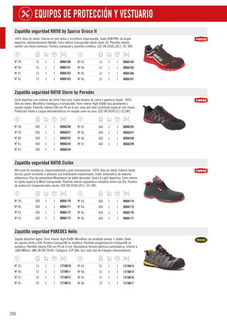256
EQUIPOS DE PROTECCIÓN Y VESTUARIO
Zapatilla seguridad RATIO by Sparco Siroco II
100% libre de metal. Exterior en piel velour y microfibra impermeable. Suela RUN PRO, de origen
deportivo, extremadamente flexible. Forro interior transpirable efecto mesh 3D. Plantilla interior
confort con efecto memoria. Puntera composite y plantilla sintética. CEE EN 20345:2011. S3. SRC.
Nº 39. CJ 1 1 800A160
Nº 40. CJ 1 1 800A161
Nº 41. CJ 1 1 800A162
Nº 42. CJ 1 1 800A163
Nº 43. CJ 1 1 800A164
Nº 44. CJ 1 1 800A165
Nº 45. CJ 1 1 800A166
Nº 46. CJ 1 1 800A167
Zapatilla seguridad RATIO Storm by Paredes
Corte deportivo con sistema de cierre Free-Lock, rueda tensora de cierre y apertura rápida. 100%
libre de metal. Microfibra hidrófuga y transpirable. Forro interior High-Dry® muy absorbente y
secado rápido. Plantilla interior EVA con PU de 4 mm, zona del talón acolchado especial anti-shock.
Protección frente a cargas electroestáticas en mojado como en seco. CEE EN 20345:211.S3.SRC.
Nº 38. JGO 1 1 800A240
Nº 39. JGO 1 1 800A241
Nº 40. JGO 1 1 800A242
Nº 41. JGO 1 1 800A243
Nº 42. JGO 1 1 800A244
Nº 43. JGO 1 1 800A245
Nº 45. JGO 1 1 800A247
Nº 46. JGO 1 1 800A248
Nº 47. JGO 1 1 800A249
Zapatilla seguridad RATIO Ciclón
Alto nivel de resistencia, impermeabilidad y gran transpiración. 100% libre de metal. Exterior tejido
técnico panel resistente a abrasión con tratamiento impermeable. Suela antiestática de máxima
adherencia. Piso de poliuretano Mondopoint de doble densidad, Gama X-Light deportiva. Forro interior
en tejido especial X-Mesh transpirable. Plantilla interior ergonómica completa Gama top-Dry. Puntera
de protección Composite extra ancha. CEE EN 20345:2011. S3. SRC.
Nº 39. JGO 1 1 800A170
Nº 40. JGO 1 1 800A171
Nº 41. JGO 1 1 800A172
Nº 42. JGO 1 1 800A173
Nº 43. JGO 1 1 800A174
Nº 44. JGO 1 1 800A175
Nº 45. JGO 1 1 800A176
Nº 46. JGO 1 1 800A177
Zapatilla seguridad PAREDES Helio
Zapato deportivo ligero. Forro interior High-Dry®. Microfibra con acabado serraje + rejilla. Suela
de caucho nitrilo y EVA. Puntera Compact® no metálica. Plantilla antiperforación Compact® no
metálica. Plantilla interior EVA con PU de 4 mm. Resistencia tensión eléctrica (antiestática, inferior a
1000 MOhm). UNE EN ISO 20345. Categoría: S1P SRA. Uso: todo tipo de trabajos interior/exterior.
Nº 39. CJ 1 1 1210A10
Nº 40. CJ 1 1 1210A11
Nº 41. CJ 1 1 1210A12
Nº 42. CJ 1 1 1210A13
Nº 43. CJ 1 1 1210A14
Nº 44. CJ 1 1 1210A15
Nº 45. CJ 1 1 1210A16
Nº 46. CJ 1 1 1210A17
 