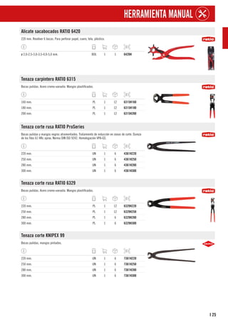 25
I
HERRAMIENTA MANUAL
Alicate sacabocados RATIO 6420
220 mm. Revólver 6 bocas. Para perforar papel, cuero, tela, plástico.
ø 2,0-2,5-3,0-3,5-4,0-5,0 mm. BOL 1 1 6420H
Tenaza carpintero RATIO 6315
Bocas pulidas. Acero cromo-vanadio. Mangos plastificados.
160 mm. PL 1 12 6315H160
180 mm. PL 1 12 6315H180
200 mm. PL 1 12 6315H200
Tenaza corte rusa RATIO ProSeries
Bocas pulidas y mangos negros atramentados. Tratamiento de inducción en zonas de corte. Dureza
de los filos 61 HRc aprox. Norma DIN ISO 9242. Homologación VPA-GS.
220 mm. UN 1 6 4361H220
250 mm. UN 1 6 4361H250
280 mm. UN 1 6 4361H280
300 mm. UN 1 6 4361H300
Tenaza corte rusa RATIO 6329
Bocas pulidas. Acero cromo-vanadio. Mangos plastificados.
220 mm. PL 1 12 6329H220
250 mm. PL 1 12 6329H250
280 mm. PL 1 6 6329H280
300 mm. PL 1 6 6329H300
Tenaza corte KNIPEX 99
Bocas pulidas, mangos pintados.
220 mm. UN 1 6 7361H220
250 mm. UN 1 6 7361H250
280 mm. UN 1 6 7361H280
300 mm. UN 1 6 7361H300
 