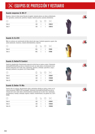 260
EQUIPOS DE PROTECCIÓN Y VESTUARIO
Guante neopreno 3L HD-27
Neopreno, interior de látex natural flocado de algodón. Acabado exterior con relieve antideslizante.
Uso: agricultura, construcción, jardinería, limpieza, industria química, procesos alimentarios.
Talla 8. JGO 1 1 676A12
Talla 9 JGO 1 1 676A13
Guante 3L SL-010
Nilón sin costuras con recubrimiento de látex natural color negro. Excelente ergonomía y agarre. Uso:
sector automoción, mecánicos, industria electrodoméstica, tapicería.
Talla 8. BOL 1 1 676A5
Talla 9. BOL 1 1 676A6
Guante 3L BetterFit Comfort
Soporte de algodón/nilón. Recubrimiento especial de nitrilo foam en palma y uñeros. Tratamiento
Sanitized® Actifresh® que evita la irritación de la piel, los malos olores y la eliminación de las
bacteria producidas por el sudor. Usos: automoción, mecánica, cartonajes, agricultura, carga y
descarga, jardinería y uso general. Cat II. Norma EN388.
Talla 8. JGO 1 1 676A47
Talla 9. JGO 1 1 676A48
Talla 10. JGO 1 1 676A49
Guante 3L Better Fit Mix
Soporte nilón sin costuras. Recubrimiento nitrilo y poliuretano ultrafino en palma y uñeros con la
nueva formulación THINTEC DIP technology®. Tratamiento Sanitized® Actifresh® que evita la
irritación de la piel, malos olores y elimina bacterias producidas por el sudor. Usos: automoción,
micromecánica, montaje, cartonajes, logística, relojería, mantenimiento y uso general, etc. Cat II
EN388.
Talla 8. JGO 1 1 676A41
Talla 9. JGO 1 1 676A42
Talla 10. JGO 1 1 676A43
 