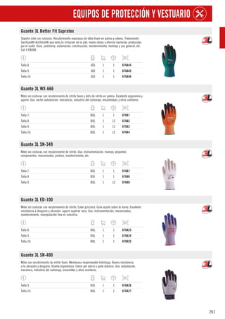 261
EQUIPOS DE PROTECCIÓN Y VESTUARIO
Guante 3L Better Fit Supratex
Soporte nilón sin costuras. Recubrimiento esponjoso de látex foam en palma y uñeros. Tratamiento
Sanitized® Actifresh® que evita la irritación de la piel, malos olores y elimina bacterias producidas
por el sudor. Usos: jardinería, automoción, construcción, mantenimiento, montaje y uso general, etc.
Cat II EN388.
Talla 8. JGO 1 1 676A44
Talla 9. JGO 1 1 676A45
Talla 10. JGO 1 1 676A46
Guante 3L WX-666
Nilón sin costuras con recubrimiento de nitrilo foam y dots de nitrilo en palma. Excelente ergonomía y
agarre. Uso: sector automoción, mecánicos, industria del cartonaje, ensamblajes y otros similares.
Talla 7. BOL 1 1 676A1
Talla 8. BOL 1 12 676A2
Talla 9. BOL 1 12 676A3
Talla 10. BOL 1 12 676A4
Guante 3L SN-349
Nilón sin costuras con recubrimiento de nitrilo. Uso: instrumentación, manejo, pequeños
componentes. mecanizados, pintura, mantenimiento, etc.
Talla 7. BOL 1 1 676A7
Talla 8. BOL 1 1 676A8
Talla 9. BOL 1 12 676A9
Guante 3L ED-100
Nilón sin costuras con recubrimiento de nitrilo. Color gris/azul. Gran ajuste sobre la mano. Excelente
resistencia a desgarro y abrasión. agarre superior seco. Uso: instrumentación, mecanizados,
mantenimiento, manipulación fina en industria.
Talla 8. BOL 1 1 676A23
Talla 9. BOL 1 1 676A24
Talla 10. BOL 1 1 676A25
Guante 3L SN-400
Nilón con recubrimiento de nitrilo foam. Membrana impermeable hidrofuga. Buena resistencia
a la abrasión y desgarro. Diseño ergonómico. Cierre por velcro y puño elástico. Uso: automoción,
mecánica, industria del cartonaje, ensambles y otros similares.
Talla 9. BOL 1 1 676A26
Talla 10. BOL 1 1 676A27
 