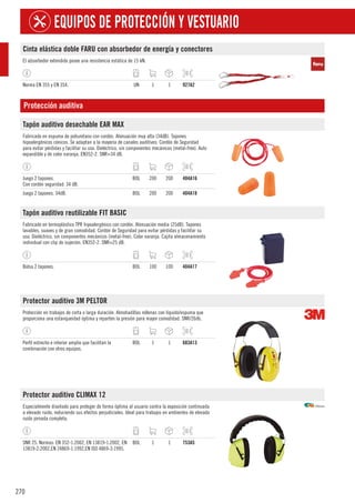 270
EQUIPOS DE PROTECCIÓN Y VESTUARIO
Cinta elástica doble FARU con absorbedor de energía y conectores
El absorbedor extendido posee una resistencia estática de 15 kN.
Norma EN 355 y EN 354. UN 1 1 927A2
Protección auditiva
Tapón auditivo desechable EAR MAX
Fabricado en espuma de poliuretano con cordón. Atenuación muy alta (34dB). Tapones
hipoalergénicos cónicos. Se adaptan a la mayoría de canales auditives. Cordón de Seguridad
para evitar pérdidas y facilitar su uso. Dieléctrico, sin componentes mecánicos (metal-free). Auto
expandible y de color naranja. EN352-2. SNR=34 dB.
Juego 2 tapones.
Con cordón seguridad. 34 dB.
BOL 200 200 404A16
Juego 2 tapones. 34dB. BOL 200 200 404A18
Tapón auditivo reutilizable FIT BASIC
Fabricado en termoplástico TPR hipoalergénico con cordón. Atenuación media (25dB). Tapones
lavables, suaves y de gran comodidad. Cordón de Seguridad para evitar pérdidas y facilitar su
uso. Dieléctrico, sin componentes mecánicos (metal-free). Color naranja. Cajita almacenamiento
individual con clip de sujeción. EN352-2. SNR=25 dB.
Bolsa 2 tapones. BOL 100 100 404A17
Protector auditivo 3M PELTOR
Protección en trabajos de corta o larga duración. Almohadillas rellenas con líquido/espuma que
proporciona una estanqueidad óptima y reparten la presión para mayor comodidad. SNR/26db.
Perfil estrecho e interior amplio que facilitan la
combinación con otros equipos.
BOL 1 1 683A13
Protector auditivo CLIMAX 12
Especialmente diseñado para proteger de forma óptima al usuario contra la exposición continuada
a elevado ruido, reduciendo sus efectos perjudiciales. Ideal para trabajos en ambientes de elevado
ruido jornada completa.
SNR 25. Normas: EN 352-1:2002, EN 13819-1:2002, EN
13819-2:2002,EN 24869-1:1992,EN ISO 4869-3:1995.
BOL 1 1 753A5
 