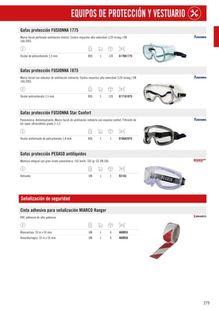 279
EQUIPOS DE PROTECCIÓN Y VESTUARIO
Gafas protección FUSIONNA 1775
Marco facial perforado ventilación directa. Contra impactos alta velocidad (120 m/seg.) EN
166:2001.
Ocular de policarbonato 1,5 mm. BOL 1 120 6170A1775
Gafas protección FUSIONNA 1875
Marco facial con válvulas de ventilación indirecta. Contra impactos alta velocidad (120 m/seg.) EN
166:2001.
Ocular policarbonato 1,5 mm. BOL 1 120 6171A1875
Gafas protección FUSIONNA Star Confort
Panorámica. Antiempañante. Marco facial de ventilación indirecta con espuma confort. Filtrante de
los rayos ultravioletas grado 2-1,2.
Ocular preformado de policarbonato 1,8 mm. BOL 1 1 6166A2975
Gafas protección PEGASO antilíquidos
Montura integral con gran visión panorámica. 162 km/h. 102 gr. CE EN 166.
Antivaho. UN 1 1 931A3
Señalización de seguridad
Cinta adhesiva para señalización MIARCO Ranger
PVC adhesivo de alta potencia.
Blanca/roja. 33 m x 55 mm. UN 1 6 460B55
Amarilla/negra. 33 m x 55 mm. UN 1 6 460B56
 