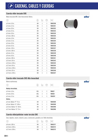 304
CADENAS, CABLES Y CUERDAS
I
Cuerda nilón tenzado EHS
Media tenacidad (MT). Color blanco/verde. Bobina.
ø 4 mm x 10 m. UN 1 3 7665C350
ø 4 mm x 15 m. UN 1 3 7665C351
ø 4 mm x 20 m. UN 1 3 7665C352
ø 4 mm x 25 m. UN 1 3 7665C333
ø 4 mm x 50 m. UN 1 1 7665C334
ø 4 mm x 100 m. UN 1 1 7665C335
ø 6 mm x 10 m. UN 1 3 7665C353
ø 6 mm x 15 m. UN 1 3 7665C354
ø 6 mm x 20 m. UN 1 3 7665C355
ø 6 mm x 25 m. UN 1 3 7665C336
ø 6 mm. x 50 m. UN 1 1 7665C337
ø 6 mm x 100 m. UN 1 1 7665C338
ø 8 mm x 25 m. UN 1 1 7665C339
ø 8 mm x 50 m. UN 1 1 7665C340
ø 8 mm x 100 m. UN 1 1 7665C341
ø 10 mm x 50 m. UN 1 1 7665C342
ø 10 mm x 100 m. UN 1 1 7665C343
ø 12 mm x 50 m. UN 1 1 7665C344
ø 12 mm x 100 m. UN 1 1 7665C345
ø 14 mm x 50 m. UN 1 1 7665C346
ø 14 mm x 100 m. UN 1 1 7665C347
Cuerda nilón trenzado EHS Alta tenacidad
Blanco-azul/naranja.
1
Madeja retractilada.
ø 4 mm x 10 m. BOL 1 3 7665C7
ø 4 mm x 20 m. BOL 1 3 7665C8
ø 6 mm x 15 m. BOL 1 3 7665C91
1
Bobina.
ø 6 mm. Bobina “P” 75 m. UN 1 1 7665C920
ø 8 mm. Bobina “G” 100 m. UN 1 1 7665C930
ø 10 mm. Bobina “G” 100 m. UN 1 1 7665C940
ø 12 mm. Bobina “G” 75 m. UN 1 1 7665C950
Cuerda nilón/poliéster mate torcida EHS
Usos: deportes, amarre, industria, pesca, construcción, ganadería, etc. Rollo retractilado.
ø 8 mm x 100 m. UN 1 1 7665C371
ø 10 mm x 100 m. UN 1 1 7665C372
ø 12 mm x 100 m. UN 1 1 7665C373
 