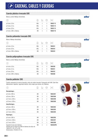 306
CADENAS, CABLES Y CUERDAS
I
Cuerda plástico trenzado EHS
Blanco y verde. Madeja retractilada.
ø 4 mm x 10 m. BOL 1 3 7665C113
ø 4 mm x 15 m. BOL 1 3 7665C114
ø 4 mm x 20 m. BOL 1 3 7665C115
ø 4 mm x 200 m. Bobina. UN 1 1 7665C116
Cuerda poliamida trenzada EHS
Blanco. Madeja retractilada.
ø 4 mm x 10 m. BOL 1 5 7665C41
ø 4 mm x 20 m. BOL 1 3 7665C42
ø 4 mm x 200 m. Bobina. UN 1 1 7665C43
Cuerda polipropileno trenzado EHS
Blanco y verde. Madeja retractilada.
ø 4 mm x 10 m. BOL 1 3 7665C50
ø 4 mm x 15 m. BOL 1 3 7665C51
ø 4 mm x 20 m. BOL 1 3 7665C52
ø 4 mm x 200 m. Bobina. UN 1 1 7665C68
Cuerda poliéster EHS
Cuerda compuesta de camisa trenzada y alma de cordón trenzado. Compuesto anti-UVA. Color flúor.
Aplicaciones: deportes, seguridad náutica, driza mayor para barcos, etc. Bobinas.
1
Naranja/negro.
ø 6 mm x 200 m. UN 1 1 7665C387
ø 8 mm x 100 m. UN 1 1 7665C388
ø 12 mm x 100 m. UN 1 1 7665C390
ø 10 mm x 100 m. UN 1 1 7665C389
1
Amarillo/negro.
ø 8 mm x 100 m. UN 1 1 7665C392
ø 10 mm x 100 m. UN 1 1 7665C393
ø 12 mm x 100 m. UN 1 1 7665C394
1
Rojo/negro.
ø 6 mm x 200 m. UN 1 1 7665C395
ø 10 mm x 100 m. UN 1 1 7665C397
ø 12 mm x 100 m. UN 1 1 7665C398
Expositor de pie para bobinas
Gratuito por la compra de 250€ en bobinas de estas ref:
7665C375, 376, 377 y 378.
Dimensiones: 37x32xh.137 cm.
UN 1 1 7665CEXPO
 