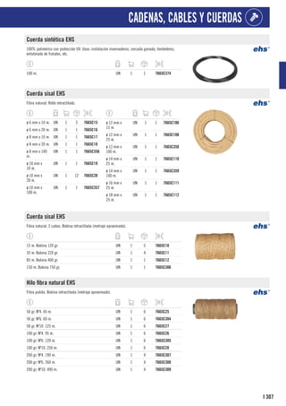 307
I
CADENAS, CABLES Y CUERDAS
Cuerda sintética EHS
100% polimérico con protección UV. Usos: instalación invernaderos, cercada ganado, tendederos,
entutorado de frutales, etc.
100 m. UN 1 1 7665C374
Cuerda sisal EHS
Fibra natural. Rollo retractilado.
ø 6 mm x 10 m. UN 1 3 7665C15
ø 6 mm x 20 m. UN 1 1 7665C16
ø 8 mm x 10 m. UN 1 1 7665C17
ø 8 mm x 20 m. UN 1 1 7665C18
ø 8 mm x 100
m.
UN 1 1 7665C356
ø 10 mm x
10 m.
UN 1 1 7665C19
ø 10 mm x
20 m.
UN 1 12 7665C20
ø 10 mm x
100 m.
UN 1 1 7665C357
ø 12 mm x
15 m.
UN 1 1 7665C106
ø 12 mm x
25 m.
UN 1 1 7665C108
ø 12 mm x
100 m.
UN 1 1 7665C358
ø 14 mm x
25 m.
UN 1 1 7665C110
ø 14 mm x
100 m.
UN 1 1 7665C359
ø 16 mm x
25 m.
UN 1 1 7665C111
ø 18 mm x
25 m.
UN 1 1 7665C112
Cuerda sisal EHS
Fibra natural. 2 cabos. Bobina retractilada (metraje aproximado).
15 m. Bobina 120 gr. UN 1 5 7665C10
35 m. Bobina 220 gr. UN 1 4 7665C11
85 m. Bobina 400 gr. UN 1 1 7665C12
150 m. Bobina 750 gr. UN 1 1 7665C306
Hilo fibra natural EHS
Fibra pulida. Bobina retractilada (metraje aproximado).
50 gr. Nº4. 45 m. UN 1 6 7665C25
50 gr. Nº6. 60 m. UN 1 6 7665C304
50 gr. Nº10. 125 m. UN 1 6 7665C27
100 gr. Nº4. 95 m. UN 1 6 7665C26
100 gr. Nº6. 120 m. UN 1 6 7665C305
100 gr. Nº10. 250 m. UN 1 6 7665C28
200 gr. Nº4. 190 m. UN 1 4 7665C307
200 gr. Nº6. 260 m. UN 1 4 7665C308
200 gr. Nº10. 490 m. UN 1 4 7665C309
 