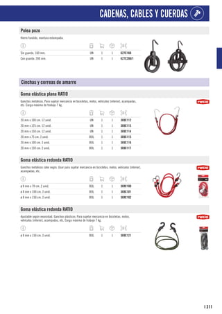 311
I
CADENAS, CABLES Y CUERDAS
Polea pozo
Hierro fundido, montura estampada.
Sin guarda. 160 mm. UN 1 1 627C160
Con guarda. 200 mm. UN 1 1 627C200/1
Cinchas y correas de amarre
Goma elástica plana RATIO
Ganchos metálicos. Para sujetar mercancía en bicicletas, motos, vehículos (interior), acampadas,
etc. Carga máxima de trabajo 7 kg.
20 mm x 100 cm. 12 unid. UN 1 1 369C112
20 mm x 125 cm. 12 unid. UN 1 1 369C113
20 mm x 150 cm. 12 unid. UN 1 1 369C114
20 mm x 75 cm. 2 unid. BOL 1 1 369C115
20 mm x 100 cm. 2 unid. BOL 1 1 369C116
20 mm x 150 cm. 2 unid. BOL 1 1 369C117
Goma elástica redonda RATIO
Ganchos metálicos color negro. Usar para sujetar mercancía en bicicletas, motos, vehículos (interior),
acampadas, etc.
ø 8 mm x 70 cm. 2 unid. BOL 1 1 369C100
ø 8 mm x 100 cm. 2 unid. BOL 1 1 369C101
ø 8 mm x 150 cm. 2 unid. BOL 1 1 369C102
Goma elástica redonda RATIO
Ajustable según necesidad. Ganchos plásticos. Para sujetar mercancía en bicicletas, motos,
vehículos (interior), acampadas, etc. Carga máxima de trabajo 7 kg.
ø 8 mm x 150 cm. 2 unid. BOL 1 1 369C121
 