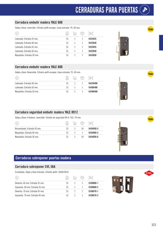 323
CERRADURAS PARA PUERTAS
Cerradura embutir madera YALE 600
Golpe y llave, reversible. Cilindro perfil europeo. Llave estriada. Y5. 60 mm.
Latonado. Entrada 35 mm. CJ 1 1 5432D35
Latonado. Entrada 40 mm. CJ 1 1 5432D40
Latonado. Entrada 45 mm. CJ 1 1 5432D45
Latonado. Entrada 50 mm. CJ 1 1 5432D50
Niquelado. Entrada 50 mm. CJ 1 1 5453D50
Cerradura embutir madera YALE 800
Golpe y llave. Reversible. Cilindro perfil europeo. Llave estriada. Y5. 60 mm.
Latonado. Entrada 40 mm. CJ 1 1 5432D400
Latonado. Entrada 50 mm. CJ 1 1 5436D400
Niquelado. Entrada 50 mm. CJ 1 1 5438D400
Cerradura seguridad embutir madera YALE 8912
Golpe y llave 4 bulones, reversible. Cilindro de seguridad HS-6. YL6. 70 mm.
Bicromatado. Entrada 50 mm. CJ 1 10 5434D50-5
Niquelado. Entrada 60 mm. CJ 1 1 5434D60-5
Niquelado. Entrada 50 mm. CJ 1 10 5434D50-6
Cerraduras sobreponer puertas madera
Cerradura sobreponer CVL 56A
Esmaltada. Golpe y llave estriada. Cilindro perfil. (5056/50/3)
Derecha. 60 mm. Entrada 35 mm. CJ 1 1 5338D60-1
Izquierda. 60 mm. Entrada 35 mm. CJ 1 1 5338D60-2
Derecha. 70 mm. Entrada 45 mm. CJ 1 1 5338D70-1
Izquierda. 70 mm. Entrada 45 mm. CJ 1 1 5338D70-2
 