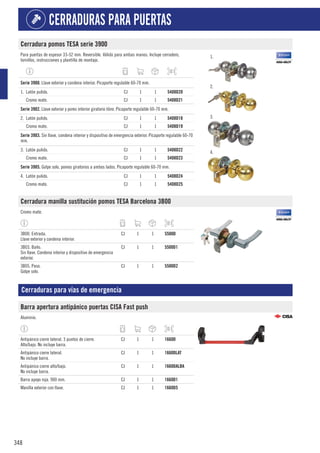 348
CERRADURAS PARA PUERTAS
Cerradura pomos TESA serie 3900
Para puertas de espesor 33-52 mm. Reversible. Válido para ambas manos. Incluye cerradero,
tornillos, instrucciones y plantilla de montaje.
1.
2.
3.
4.
1
Serie 3900. Llave exterior y condena interior. Picaporte regulable 60-70 mm.
1. Latón pulido. CJ 1 1 5408D20
Cromo mate. CJ 1 1 5408D21
1
Serie 3902. Llave exterior y pomo interior giratorio libre. Picaporte regulable 60-70 mm.
2. Latón pulido. CJ 1 1 5408D18
Cromo mate. CJ 1 1 5408D19
1
Serie 3903. Sin llave, condena interior y dispositivo de emergencia exterior. Picaporte regulable 60-70
mm.
3. Latón pulido. CJ 1 1 5408D22
Cromo mate. CJ 1 1 5408D23
1
Serie 3905. Golpe solo, pomos giratorios a ambos lados. Picaporte regulable 60-70 mm.
4. Latón pulido. CJ 1 1 5408D24
Cromo mate. CJ 1 1 5408D25
Cerradura manilla sustitución pomos TESA Barcelona 3B00
Cromo mate.
3B00. Entrada.
Llave exterior y condena interior.
CJ 1 1 5500D
3B03. Baño.
Sin llave. Condena interior y dispositivo de emergencia
exterior.
CJ 1 1 5500D1
3B05. Paso.
Golpe solo.
CJ 1 1 5500D2
Cerraduras para vías de emergencia
Barra apertura antipánico puertas CISA Fast push
Aluminio.
Antipánico cierre lateral. 3 puntos de cierre.
Alto/bajo. No incluye barra.
CJ 1 1 1660D
Antipánico cierre lateral.
No incluye barra.
CJ 1 1 1660DLAT
Antipánico cierre alto/bajo.
No incluye barra.
CJ 1 1 1660DALBA
Barra apoyo roja. 900 mm. CJ 1 1 1660D1
Manilla exterior con llave. CJ 1 1 1660D5
 