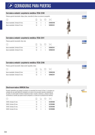 358
CERRADURAS PARA PUERTAS
Cerradura embutir carpintería metálica TESA 2240
Palanca-gancho basculante. Golpe y llave, reversible (la llave no acciona el picaporte).
Acero inoxidable. Entrada 20 mm. CJ 1 1 5292D2240
Acero inoxidable. Entrada 25 mm. CJ 1 1 5292D2241
Cerradura embutir carpintería metálica TESA 2241
Palanca-gancho basculante, llave sola.
Acero inoxidable. Entrada 20 mm. CJ 1 1 5293D2241
Acero inoxidable. Entrada 25 mm. CJ 1 1 5293D2242
Cerradura embutir carpintería metálica TESA 2246
Palanca-gancho basculante. Golpe vaivén regulable y llave.
Acero inoxidable. Entrada 20 mm. CJ 1 1 5294D2246
Acero inoxidable. Entrada 25 mm. CJ 1 1 5294D2247
Electrocerradura DORCAS Duo
Pasador automático que protege la entrada sin necesidad de accionar la llave. La cerradura se
compone de una parte eléctrica instalada en el marco y de una parte mecánica embutida en
la puerta. Se abre desde el exterior mediante la llave o mando a distancia, y desde el interior
accionando la manilla que posee función antipánico o a través de la pulsación del interfono.
25/85. Entrada 25 mm. CJ 1 1 5222D2585
30/85. Entrada 30 mm. CJ 1 1 5222D3085
35/85. Entrada 35 mm. CJ 1 1 5222D3585
50/85. Entrada 50 mm. CJ 1 1 5222D5085
 