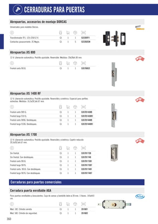 360
CERRADURAS PARA PUERTAS
Abrepuertas, accesorios de montaje DORCAS
Universales para modelos Dorcas.
Transformador TF1. 125-220/12 V. CJ 1 1 5222DTF1
Contactos pasacorriente. 2C Negro. CJ 1 5 5222D2CN
Abrepuertas JIS 800
12 V. Liberación automática. Pestillo ajustable. Reversible. Medidas: 20x28xh.90 mm.
Frontal corto 901G. CJ 1 1 5357D832
Abrepuertas JIS 1400 RF
12 V. Liberación automática. Pestillo ajustable. Reversible y simétrico. Especial para perfiles
estrechos. Medidas: 16,5x28,5xh.67 mm.
Frontal corto 909 G. CJ 1 1 5357D14309
Frontal largo 910 G. CJ 1 1 5357D143091
Frontal corto 909G. Desbloqueo. CJ 1 1 5357D14409
Frontal largo 910G. Desbloqueo. CJ 1 1 5357D144091
Abrepuertas JIS 1700
12 V. Liberación automática. Pestillo ajustable. Reversible y simétrico. Cajetín reducido
20,5x28,5xh.67 mm.
Sin frontal. CJ 1 1 5357D1730
Sin frontal. Con desbloqueo. CJ 1 1 5357D1740
Frontal corto 901G. CJ 1 1 5357D17301
Frontal largo 907G. CJ 1 1 5357D17307
Frontal corto. 901G. Con desbloqueo. CJ 1 1 5357D17401
Frontal largo 907G. Con desbloqueo. CJ 1 1 5357D17407
Cerraduras para puertas comerciales
Cerradura puerta enrollable AGA
Para puertas enrollables y basculantes. Caja de zamac y bombillo latón ø 28 mm. 3 llaves. 145xh43
cm.
Mod. 182. Cilindro serreta CJ 1 1 3516D1
Mod. 582. Cilindro de seguridad. CJ 1 1 3516D2
 
