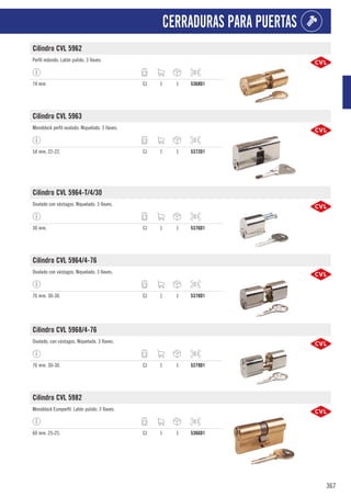 367
CERRADURAS PARA PUERTAS
Cilindro CVL 5962
Perfil redondo. Latón pulido. 3 llaves.
74 mm. CJ 1 1 5368D1
Cilindro CVL 5963
Monoblock perfil ovalado. Niquelado. 3 llaves.
54 mm. 22-22. CJ 1 1 5372D1
Cilindro CVL 5964-T/4/30
Ovalado con vástagos. Niquelado. 3 llaves.
30 mm. CJ 1 1 5376D1
Cilindro CVL 5964/4-76
Ovalado con vástagos. Niquelado. 3 llaves.
76 mm. 30-30. CJ 1 1 5378D1
Cilindro CVL 5968/4-76
Ovalado, con vástagos. Niquelado. 3 llaves.
76 mm. 30-30. CJ 1 1 5379D1
Cilindro CVL 5982
Monoblock Europerfil. Latón pulido. 3 llaves.
60 mm. 25-25. CJ 1 1 5366D1
 