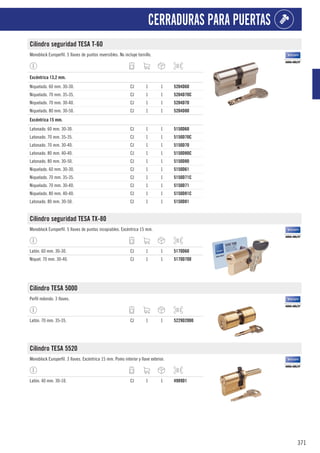 371
CERRADURAS PARA PUERTAS
Cilindro seguridad TESA T-60
Monoblock Europerfil. 5 llaves de puntos reversibles. No incluye tornillo.
1
Excéntrica 13,2 mm.
Niquelado. 60 mm. 30-30. CJ 1 1 5204D60
Niquelado. 70 mm. 35-35. CJ 1 1 5204D70C
Niquelado. 70 mm. 30-40. CJ 1 1 5204D70
Niquelado. 80 mm. 30-50. CJ 1 1 5204D80
1
Excéntrica 15 mm.
Latonado. 60 mm. 30-30. CJ 1 1 5150D60
Latonado. 70 mm. 35-35. CJ 1 1 5150D70C
Latonado. 70 mm. 30-40. CJ 1 1 5150D70
Latonado. 80 mm. 40-40. CJ 1 1 5150D80C
Latonado. 80 mm. 30-50. CJ 1 1 5150D80
Niquelado. 60 mm. 30-30. CJ 1 1 5150D61
Niquelado. 70 mm. 35-35. CJ 1 1 5150D71C
Niquelado. 70 mm. 30-40. CJ 1 1 5150D71
Niquelado. 80 mm. 40-40. CJ 1 1 5150D81C
Latonado. 80 mm. 30-50. CJ 1 1 5150D81
Cilindro seguridad TESA TX-80
Monoblock Europerfil. 5 llaves de puntos incopiables. Excéntrica 15 mm.
Latón. 60 mm. 30-30. CJ 1 1 5170D60
Níquel. 70 mm. 30-40. CJ 1 1 5170D700
Cilindro TESA 5000
Perfil redondo. 3 llaves.
Latón. 70 mm. 35-35. CJ 1 1 5229D2000
Cilindro TESA 5520
Monoblock Europerfil. 3 llaves. Excéntrica 15 mm. Pomo interior y llave exterior.
Latón. 40 mm. 30-10. CJ 1 1 4989D1
 