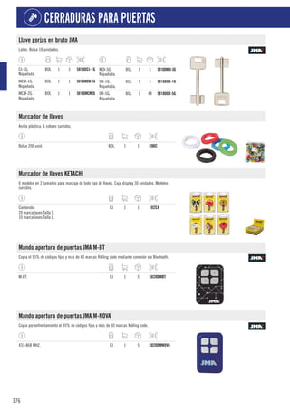 376
CERRADURAS PARA PUERTAS
Llave gorjas en bruto JMA
Latón. Bolsa 10 unidades.
CI-1G.
Niquelada.
BOL 1 3 5818DCI-1G
MCM-1G.
Niquelada.
BOL 1 1 5818DMCM-1G
MCM-2G.
Niquelada.
BOL 1 1 5818DMCM2G
MOI-5G.
Niquelada.
BOL 1 3 5818DMOI-5G
OR-1G.
Niquelada.
BOL 1 3 5818DOR-1G
OR-5G.
Niquelada.
BOL 1 48 5818DOR-5G
Marcador de llaves
Anilla plástica. 6 colores surtidos.
Bolsa 200 unid. BOL 1 1 690C
Marcador de llaves KETACHI
6 modelos en 2 tamaños para marcaje de todo tipo de llaves. Caja display 30 unidades. Modelos
surtidos.
Contenido:
20 marcallaves Talla S.
10 marcallaves Talla L.
CJ 1 1 102CA
Mando apertura de puertas JMA M-BT
Copia el 95% de códigos fijos y más de 40 marcas Rolling code mediante conexión vía Bluetooth.
M-BT. CJ 1 5 5820DMBT
Mando apertura de puertas JMA M-NOVA
Copia por enfrentamiento el 95% de códigos fijos y más de 50 marcas Rolling code.
433-868 MHZ. CJ 1 5 5820DMNOVA
 