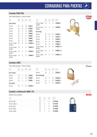 391
CERRADURAS PARA PUERTAS
Candado IFAM Tifón
Latón. Doble enganche. 2 llaves estriadas.
1
Arco normal.
15 mm. CJ 12 12 379D15
20 mm. CJ 12 12 379D20
25 mm. CJ 6 6 379D25
30 mm. CJ 6 6 379D30
40 mm. CJ 6 6 379D40
50 mm. CJ 6 6 379D50
60 mm. CJ 6 6 379D60
20 mm. Llaves
iguales.
CJ 12 12 379D20-2
25 mm. Llaves
iguales.
CJ 6 6 379D25-2
30 mm. Llaves
iguales.
CJ 6 6 379D30-2
40 mm. Llaves
iguales.
CJ 6 6 379D40-2
50 mm. Llaves
iguales.
CJ 6 6 379D50-2
60 mm. Llaves
iguales.
CJ 6 6 379D60-2
1
Arco largo.
20 mm. CJ 12 12 379D20-1
25 mm. CJ 6 6 379D25-1
30 mm. CJ 6 6 379D30-1
40 mm. CJ 6 6 379D40-1
50 mm. CJ 6 6 379D50-1
20 mm. Llaves
iguales.
CJ 12 12 379D20-1-2
30 mm. Llaves
iguales.
CJ 6 6 379D30-1-2
40 mm. Llaves
iguales.
CJ 6 6 379D40-1-2
Candado LINCE
Latón. Doble enganche. 2 llaves estriadas.
1
Arco normal.
30 mm. CJ 1 12 224D30
40 mm. CJ 1 12 224D40
50 mm. CJ 1 6 224D50
1
Arco largo.
30 mm. CJ 1 12 224D30-1
40 mm. CJ 1 1 224D40-1
1
Arco extralargo.
30 mm. CJ 1 12 224D30-3
40 mm. CJ 1 12 224D40-3
50 mm. CJ 1 6 224D50-3
Candado combinación ABUS 145
Aluminio. Arco niquelado.
20 mm. Azul. CJ 1 6 1377D20A
20 mm. Titanio. CJ 1 6 1377D20T
30 mm. Rojo. CJ 1 6 1377D30A
30 mm. Plata. CJ 1 6 1377D30P
30 mm. Verde. CJ 1 6 1377D30V
 