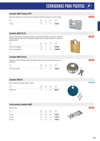 393
CERRADURAS PARA PUERTAS
Candado ABUS Titalium 82TI
Aleación de aluminio. Arco acero endurecido. Cilindro de pitones de precisión y con rotor cromado.
70 mm. CJ 1 6 1376D70
Candado ABUS 65 CS
Cuerpo de latón macizo. Componentes interiores de materiales resistentes a la corrosión. Cilindro de
pitones de precisión. Arco de acero endurecido protegido para una mayor resistencia a la cizalla y al
apalancamiento.
40 mm. Arco protegido. CJ 1 6 1459D65
50 mm. Arco protegido. CJ 1 6 1459D650
Candado ABUS Diskus
Protección en 360º. Sofisticado sistema de soldadura para la más alta resistencia. Arco en acero
endurecido.
70 mm. Arco normal. CJ 1 6 1458D23
Candado INCECA
Acero. Pintado azul martele. 2 llaves. 6 borjas.
ø 90x20 mm. CJ 1 10 100D10
Portacandado abatible ABUS
Acero cincado.
75 mm. CJ 12 12 1376D11
115 mm. CJ 12 12 1376D12
155 mm. CJ 6 6 1376D13
 