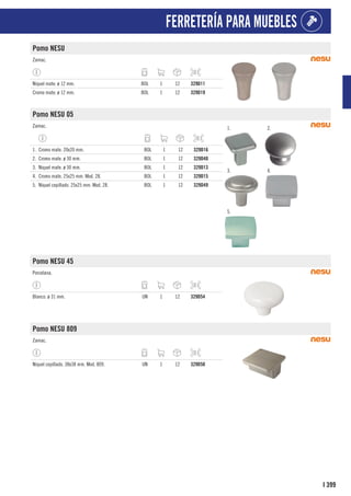 399
I
FERRETERÍA PARA MUEBLES
Pomo NESU
Zamac.
Níquel mate. ø 12 mm. BOL 1 12 329D11
Cromo mate. ø 12 mm. BOL 1 12 329D19
Pomo NESU 05
Zamac. 1. 2.
3. 4.
5.
1. Cromo mate. 20x20 mm. BOL 1 12 329D16
2. Cromo mate. ø 30 mm. BOL 1 12 329D40
3. Niquel mate. ø 30 mm. BOL 1 12 329D13
4. Cromo mate. 25x25 mm. Mod. 28. BOL 1 12 329D15
5. Níquel cepillado. 25x25 mm. Mod. 28. BOL 1 12 329D49
Pomo NESU 45
Porcelana.
Blanco. ø 31 mm. UN 1 12 329D54
Pomo NESU 809
Zamac.
Níquel cepillado. 38x38 mm. Mod. 809. UN 1 12 329D50
 