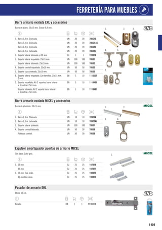 409
I
FERRETERÍA PARA MUEBLES
Barra armario ovalada EHL y accesorios
Barra de acero. 25x15 mm. Grosor 0,8 mm. 1. 2. 3.
4. 5. 6.
7.
1. Barra 1,0 m. Cromada. UN 20 20 706C1C
Barra 1,5 m. Cromada. UN 20 20 706C1.5C
Barra 2,0 m. Cromada. UN 20 20 706C2C
Barra 2,0 m. Latonada. UN 20 20 706C2L
2. Soporte lateral latonado. ø 20 mm. CJ 1 1 728D18
3. Soporte lateral niquelado. 25x15 mm. UN 100 100 706D1
Soporte lateral latonado. 25x15 mm. UN 100 100 706D2
4. Soporte central niquelado. 25x15 mm. UN 50 50 706D3
5. Soporte tapa cromado. 25x15 mm. UN 50 50 706D5
6. Soporte lateral niquelado. Con tornillos. 25x15 mm.
2 unid.
DB 1 10 111D255
7. Soporte niquelado. Kit 2 soportes barra lateral
+ 1 central. 25x5 mm.
DB 1 10 111D400
Soporte latonado. Kit 2 soporte barra lateral
+ 1 central. 25x5 mm.
DB 1 10 111D401
Barra armario ovalada MICEL y accesorios
Barra de aluminio. 30x15 mm. 1. 2.
3. 4.
1. Barra 2,0 m. Plateada. UN 10 10 709C2A
2. Barra 2,0 m. Latonada. UN 10 10 709C2AL
3. Soporte lateral plateado. UN 100 100 706D7
4. Soporte central latonado. UN 50 50 706D8
Plateado central. UN 50 50 706D9
Expulsor amortiguador puertas de armario MICEL
Con base. Color gris. 1.
2.
1. 13 mm. CJ 25 25 197D10
40 mm. CJ 25 25 197D11
2. 13 mm. Con imán. CJ 25 25 198D12
40 mm.Con imán. CJ 25 25 198D13
Pasador de armario EHL
Altura 15 cm.
Dorado. DB 1 1 111D310
 