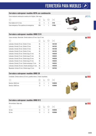 411
I
FERRETERÍA PARA MUEBLES
Cerradura sobreponer muebles KEYA con combinación
Cierre mediante combinación numérica de 4 dígitos. Color negro.
Para tablero de 9-13 mm. CJ 5 5 374D
Llave emergencia. Para aperturas de emergencia. BOL 1 1 374DLL
Cerradura sobreponer muebles URKO 23 R
Llaves estriadas. Reversible. Cilindro exterior ø 20 mm. Caja 57 mm.
Latonada. Entrada 20 mm. Cilindro 19 mm. BL 1 1 1461D20
Latonada. Entrada 25 mm. Cilindro 19 mm. BL 1 1 1461D25
Latonada. Entrada 30 mm. Cilindro 19 mm. BL 1 1 1461D30
Latonada. Entrada 35 mm. Cilindro 19 mm. BL 1 1 1461D35
Latonada. Entrada 20 mm. Cilindro largo 25 mm. BL 1 1 1465D20
Latonada. Entrada 25 mm. Cilindro largo 25 mm. BL 1 1 1465D25
Latonada. Entrada 30 mm. Cilindro largo 25 mm. BL 1 1 1465D30
Latonada. Entrada 35 mm. Cilindro largo 25 mm. BL 1 1 1465D35
Latonada. Entrada 25 mm. Cilindro extralargo 37 mm. BL 1 1 1463D25
Latonada. Entrada 30 mnm. Cilindro extralargo 37 mm. BL 1 1 1463D30
Niquelada. Entrada 35 mm. Cilindro largo 25 mm. BL 1 1 1467D35
Cerradura sobreponer muebles URKO 38
Esmaltado. Cilindro exterior ø 20 mm y pestillo interior. 2 llaves niqueladas.
Derecha. 60x50 mm. CJ 1 1 1038D50
Derecha. 60x60 mm. CJ 1 1 1038D60
Cerradura sobreponer muebles URKO 812
Bricromatada. Golpe solo.
50 mm. CJ 1 12 1020D50
60 mm. CJ 1 12 1020D60
 