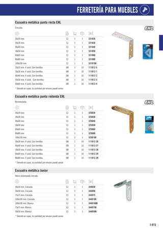 415
I
FERRETERÍA PARA MUEBLES
Escuadra metálica punta recta EHL
Cincada.
20x20 mm. CJ 1 1 331D20
30x30 mm. CJ 1 1 331D30
40x40 mm. CJ 1 1 331D40
50x50 mm. CJ 1 1 331D50
60x60 mm. CJ 1 1 331D60
80x80 mm. CJ 1 1 331D80
100x100 mm. CJ 1 1 331D100
20x20 mm. 4 unid. Con tornillos. DB 1 10 111D12-5
30x30 mm. 4 unid. Con tornillos. DB 1 10 111D12-1
40x40 mm. 4 unid. Con tornillos. DB 1 10 111D12-2
50x50 mm. 4 unid. . Con tornillos. DB 1 10 111D12-3
60x60 mm. 4 unid. Con tornillos. DB 1 10 111D12-4
* Servido en cajas, la cantidad por envase puede variar.
Escuadra metálica punta redonda EHL
Bicromatada.
20x20 mm. CJ 1 1 325D20
30x30 mm CJ 1 1 325D30
40x40 mm CJ 1 1 325D40
50x50 mm CJ 1 1 325D50
60x60 mm CJ 1 1 325D60
80x80 mm CJ 1 1 325D80
100x100 mm. CJ 1 1 325D100
30x30 mm. 4 unid. Con tornillos DB 1 10 111D12-26
40x40 mm. 4 unid. Con tornillos DB 1 10 111D12-27
50x50 mm. 4 unid. Con tornillos DB 1 10 111D12-28
60x60 mm. 4 unid. Con tornillos DB 1 10 111D12-29
80x80 mm. 4 unid. Con tornillos. DB 1 10 111D12-39
* Servido en cajas, la cantidad por envase puede variar.
Escuadra metálica Junior
Hierro estampado cincado.
30x30 mm. Cincada. CJ 1 1 344D30
50x50 mm. Cincada CJ 1 1 344D50
75x75 mm. Cincada CJ 1 1 344D75
100x100 mm. Cincada CJ 1 1 344D100
100x100 mm. Blanca CJ 1 1 344D100B
75x75 mm. Blanca CJ 1 1 344D75B
50x50 mm. Blanca CJ 1 1 344D50B
* Servido en cajas, la cantidad por envase puede variar.
 