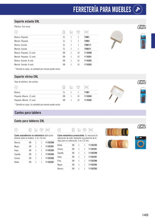 423
I
FERRETERÍA PARA MUEBLES
Soporte estante EHL
Plástico. Con rosca.
Blanco. Pequeño CJ 1 1 720D1
Marrón. Pequeño CJ 1 1 720D2
Blanco. Grande CJ 1 1 720D1/1
Marrón. Grande CJ 1 1 720D2/1
Blanco. Pequeño. 12 unid. DB 1 10 111D260
Marrón. Pequeño. 12 unid. DB 1 10 111D261
Blanco. Grande. 8 unid. DB 1 10 111D262
Marrón. Grande. 8 unid. DB 1 10 111D263
* Servido en cajas, la cantidad por envase puede variar.
Soporte vitrina EHL
Tope de plástico, dos puntas.
Blanco. CJ 1 1 719D1
Pequeño. Blanco. 12 unid. DB 1 10 111D264
Pequeño. Marrón. 12 unid. DB 1 10 111D265
* Servido en cajas, la cantidad por envase puede variar.
Cantos para tablero
Canto para tableros EHL
1
Canto autoadhesivo no melamínico Aplicación
directa sobre la madera. 5 m x 16 mm.
Blanco. DB 1 1 111D2300
Negro. DB 1 1 111D2301
Haya. DB 1 1 111D2303
Sapelly. DB 1 1 111D2304
Cerezo. DB 1 1 111D2305
Roble. DB 1 1 111D2307
1
Canto melamínico preencolado. Es necesaria la
aplicación de calor mediante una plancha de la
ropa para su colocación. 5 m x 22 mm.
Roble. DB 1 1 111D2293
Cerezo. DB 1 1 111D2291
Sapelly. DB 1 1 111D2290
Haya. DB 1 1 111D2287
Pino. DB 1 1 111D2286
Negro. DB 1 1 111D2284
Blanco. DB 1 1 111D2283
 