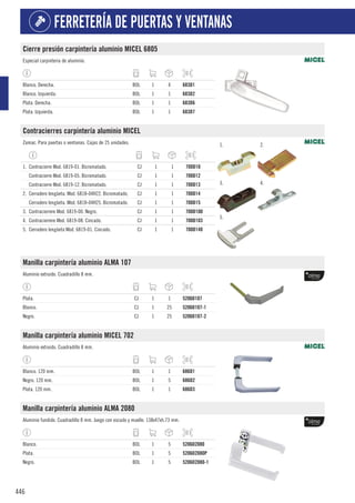 446
FERRETERÍA DE PUERTAS Y VENTANAS
Cierre presión carpintería aluminio MICEL 6805
Especial carpintería de aluminio.
Blanco. Derecha. BOL 1 4 683D1
Blanco. Izquierda. BOL 1 1 683D2
Plata. Derecha. BOL 1 1 683D6
Plata. Izquierda. BOL 1 1 683D7
Contracierres carpintería aluminio MICEL
Zamac. Para puertas o ventanas. Cajas de 25 unidades. 1. 2.
3. 4.
5.
1. Contracierre Mod. 6819-01. Bicromatado. CJ 1 1 700D10
Contracierre Mod. 6819-05. Bicromatado. CJ 1 1 700D12
Contracierre Mod. 6819-12. Bicromatado. CJ 1 1 700D13
2. Cerradero lengüeta. Mod. 6818-04H22. Bicromatado. CJ 1 1 700D14
Cerradero lengüeta. Mod. 6818-04H25. Bicromatado. CJ 1 1 700D15
3. Contracierrere Mod. 6819-00. Negro. CJ 1 1 700D100
4. Contracierrere Mod. 6819-08. Cincado. CJ 1 1 700D103
5. Cerradero lengüeta Mod. 6819-01. Cincado. CJ 1 1 700D140
Manilla carpintería aluminio ALMA 107
Aluminio extruido. Cuadradillo 8 mm.
Plata. CJ 1 1 5206D107
Blanco. CJ 1 25 5206D107-1
Negro. CJ 1 25 5206D107-2
Manilla carpintería aluminio MICEL 702
Aluminio extruido. Cuadradillo 8 mm.
Blanco. 120 mm. BOL 1 1 686D1
Negro. 120 mm. BOL 1 5 686D2
Plata. 120 mm. BOL 1 1 686D3
Manilla carpintería aluminio ALMA 2080
Aluminio fundido. Cuadradillo 8 mm. Juego con escudo y muelle. 138x47xh.73 mm.
Blanco. BOL 1 5 5206D2080
Plata. BOL 1 5 5206D2080P
Negro. BOL 1 5 5206D2080-1
 