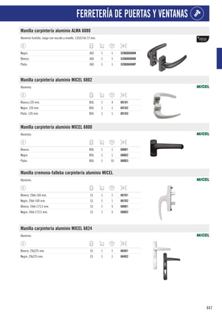 447
FERRETERÍA DE PUERTAS Y VENTANAS
Manilla carpintería aluminio ALMA 6080
Aluminio fundido. Juego con escudo y muelle. 132x57xh.73 mm.
Negro. JGO 1 1 5206D6080N
Blanco. JGO 1 1 5206D6080B
Plata. JGO 1 1 5206D6080P
Manilla carpintería aluminio MICEL 6802
Aluminio.
Blanco.120 mm. BOL 1 4 691D1
Negro. 120 mm. BOL 1 1 691D2
Plata. 120 mm. BOL 1 1 691D3
Manilla carpintería aluminio MICEL 6800
Aluminio.
Blanco. BOL 1 1 680D1
Negro. BOL 1 1 680D2
Plata. BOL 1 10 680D3
Manilla cremona-falleba carpintería aluminio MICEL
Aluminio.
Blanco. 29xh.160 mm. CJ 1 1 687D1
Negro. 29xh 160 mm. CJ 1 1 687D2
Blanco. 34xh.173,5 mm. CJ 1 5 688D1
Negro. 34xh.173,5 mm. CJ 1 5 688D2
Manilla carpintería aluminio MICEL 6824
Aluminio.
Blanco. 29x225 mm. CJ 1 1 684D1
Negro. 29x225 mm. CJ 1 1 684D2
 