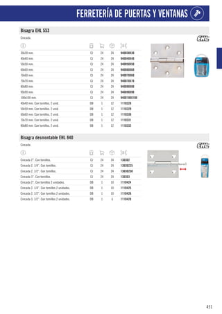 451
FERRETERÍA DE PUERTAS Y VENTANAS
Bisagra EHL 553
Cincada.
30x30 mm. CJ 24 24 940D30X30
40x40 mm. CJ 24 24 940D40X40
50x50 mm. CJ 24 24 940D50X50
60x60 mm. CJ 24 24 940D60X60
70x60 mm. CJ 24 24 940D70X60
70x70 mm. CJ 24 24 940D70X70
80x80 mm. CJ 24 24 940D80X80
90x90 mm. CJ 24 24 940D90X90
100x100 mm. CJ 24 24 940D100X100
40x40 mm. Con tornillos. 2 unid. DB 1 12 111D328
50x50 mm. Con tornillos. 2 unid. DB 1 12 111D329
60x60 mm. Con tornillos. 2 unid. DB 1 12 111D330
70x70 mm. Con tornillos. 2 unid. DB 1 12 111D331
80x80 mm. Con tornillos. 2 unid. DB 1 12 111D332
Bisagra desmontable EHL 840
Cincada.
Cincada 2”. Con tornillos. CJ 24 24 1303D2
Cincada 2. 1/4”. Con tornillos. CJ 24 24 1303D225
Cincada 2. 1/2”. Con tornillos. CJ 24 24 1303D250
Cincada 3”. Con tornillos. CJ 24 24 1303D3
Cincada 2”. Con tornillos 2 unidades. DB 1 10 111D424
Cincada 2. 1/4”. Con tornillos 2 unidades. DB 1 10 111D425
Cincada 2. 1/2”. Con tornillos 2 unidades. DB 1 10 111D426
Cincada 3. 1/2”. Con tornillos 2 unidades. DB 1 6 111D428
 