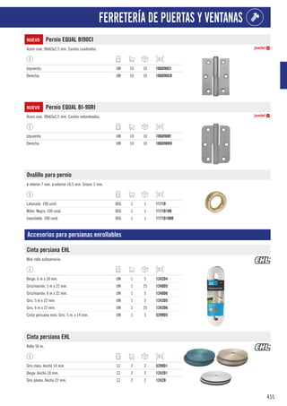 455
FERRETERÍA DE PUERTAS Y VENTANAS
NUEVO Pernio EQUAL BI90CI
Acero inox. 90x65x2,5 mm. Cantos cuadrados.
Izquierda. UN 10 10 106D90CI
Derecha. UN 10 10 106D90CD
NUEVO Pernio EQUAL BI-90RI
Acero inox. 90x65x2,5 mm. Cantos redondeados.
Izquierda. UN 10 10 106D90RI
Derecha. UN 10 10 106D90RD
Ovalillo para pernio
ø interior 7 mm. ø exterior 10,5 mm. Grosor 3 mm.
Latonado. 100 unid. BOL 1 1 1171D
Nilón. Negro. 100 unid. BOL 1 1 1171D100
Inoxidable. 100 unid. BOL 1 1 1171D1000
Accesorios para persianas enrollables
Cinta persiana EHL
Mini rollo autoservicio.
Beige. 6 m x 18 mm. UN 1 5 1242D4
Gris/marrón. 5 m x 22 mm. UN 1 25 1240D5
Gris/marrón. 6 m x 22 mm. UN 1 5 1240D6
Gris. 5 m x 22 mm. UN 1 5 1242D5
Gris. 6 m x 22 mm. UN 1 25 1242D6
Cinta persiana mini. Gris. 5 m. x 14 mm. UN 1 5 5299D5
Cinta persiana EHL
Rollo 50 m.
Gris claro. Ancho 14 mm. CJ 2 2 5299D1
Beige. Ancho 18 mm. CJ 2 2 1242D1
Gris plomo. Ancho 22 mm. CJ 2 2 1242D
 