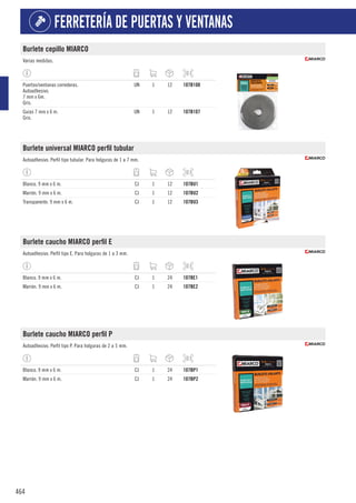 464
FERRETERÍA DE PUERTAS Y VENTANAS
Burlete cepillo MIARCO
Varias medidas.
Puertas/ventanas correderas.
Autoadhesivo.
7 mm x 6m.
Gris.
UN 1 12 107B108
Guías 7 mm x 6 m.
Gris.
UN 1 12 107B107
Burlete universal MIARCO perfil tubular
Autoadhesivo. Perfil tipo tubular. Para holguras de 1 a 7 mm.
Blanco. 9 mm x 6 m. CJ 1 12 107BU1
Marrón. 9 mm x 6 m. CJ 1 12 107BU2
Transparente. 9 mm x 6 m. CJ 1 12 107BU3
Burlete caucho MIARCO perfil E
Autoadhesivo. Perfil tipo E. Para holguras de 1 a 3 mm.
Blanco. 9 mm x 6 m. CJ 1 24 107BE1
Marrón. 9 mm x 6 m. CJ 1 24 107BE2
Burlete caucho MIARCO perfil P
Autoadhesivo. Perfil tipo P. Para holguras de 2 a 5 mm.
Blanco. 9 mm x 6 m. CJ 1 24 107BP1
Marrón. 9 mm x 6 m. CJ 1 24 107BP2
 