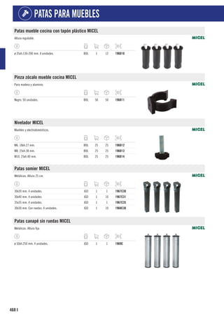 468
PATAS PARA MUEBLES
I
Patas mueble cocina con tapón plástico MICEL
Altura regulable.
ø 35xh.130-200 mm. 4 unidades. BOL 1 12 196D10
Pinza zócalo mueble cocina MICEL
Para madera y aluminio.
Negro. 50 unidades. BOL 50 50 196D11
Nivelador MICEL
Muebles y electrodomésticos.
M6. 18xh.27 mm. BOL 25 25 196D12
M8. 25xh.38 mm. BOL 25 25 196D13
M10. 25xh.40 mm. BOL 25 25 196D14
Patas somier MICEL
Metálicas. Altura 25 cm.
30x30 mm. 4 unidades. JGO 1 1 1967C30
30x40 mm. 4 unidades. JGO 1 10 1967C31
35x35 mm. 4 unidades. JGO 1 1 1967C35
30x30 mm. Con ruedas. 4 unidades. JGO 1 10 1968C30
Patas canapé sin ruedas MICEL
Metálicas. Altura fija.
ø 50xh.250 mm. 4 unidades. JGO 1 1 1969C
 