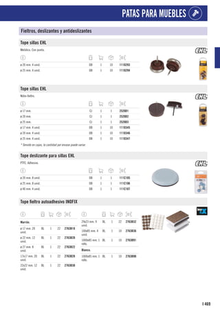 469
I
PATAS PARA MUEBLES
Fieltros, deslizantes y antideslizantes
Tope sillas EHL
Metálico. Con punta.
ø 20 mm. 4 unid. DB 1 10 111D293
ø 25 mm. 4 unid. DB 1 10 111D294
Tope sillas EHL
Nilón-fieltro.
ø 17 mm. CJ 1 1 2520D1
ø 20 mm. CJ 1 1 2520D2
ø 25 mm. CJ 1 1 2520D3
ø 17 mm. 4 unid. DB 1 10 111D345
ø 20 mm. 4 unid. DB 1 10 111D346
ø 25 mm. 4 unid. DB 1 10 111D347
* Servido en cajas, la cantidad por envase puede variar.
Tope deslizante para sillas EHL
PTFE. Adhesivo.
ø 20 mm. 8 unid. DB 1 1 111C105
ø 25 mm. 8 unid. DB 1 1 111C106
ø 40 mm. 4 unid. DB 1 1 111C107
Tope fieltro autoadhesivo INOFIX
1
Marrón.
ø 17 mm. 20
unid.
BL 1 22 2763B18
ø 22 mm. 12
unid.
BL 1 22 2763B20
ø 27 mm. 8
unid.
BL 1 22 2763B22
17x17 mm. 20
unid.
BL 1 22 2763B28
22x22 mm. 12
unid.
BL 1 22 2763B30
29x23 mm. 9
unid.
BL 1 22 2763B32
100x85 mm. 4
unid.
BL 1 10 2763B36
1000x85 mm. 1
rollo.
BL 1 10 2763B91
1
Blanco.
1000x85 mm. 1
rollo.
BL 1 10 2763B90
 