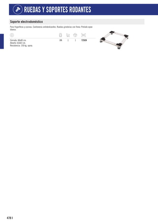 478
RUEDAS Y SOPORTES RODANTES
I
Soporte electrodoméstico
Para frigoríficos y cocinas. Cantoneras antideslizantes. Ruedas giratorias con freno. Pintado epoxi
blanco.
Cerrado: 40x40 cm.
Abierto: 62x62 cm.
Resistencia: 150 kg. aprox.
UN 1 1 725CK
 
