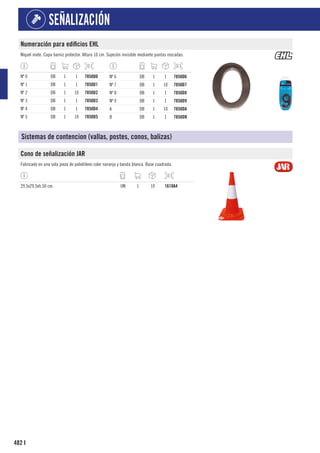 482
SEÑALIZACIÓN
I
Numeración para edificios EHL
Níquel mate. Capa barniz protector. Altura 10 cm. Sujeción invisible mediante puntas roscadas.
Nº 0 DB 1 1 7850D0
Nº 1 DB 1 1 7850D1
Nº 2 DB 1 10 7850D2
Nº 3 DB 1 1 7850D3
Nº 4 DB 1 1 7850D4
Nº 5 DB 1 10 7850D5
Nº 6 DB 1 1 7850D6
Nº 7 DB 1 10 7850D7
Nº 8 DB 1 1 7850D8
Nº 9 DB 1 1 7850D9
A DB 1 10 7850DA
B DB 1 1 7850DB
Sistemas de contencion (vallas, postes, conos, balizas)
Cono de señalización JAR
Fabricado en una sola pieza de polietileno color naranja y banda blanca. Base cuadrada.
29,5x29,5xh.50 cm. UN 1 10 1610A4
 