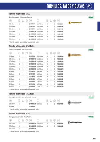 485
I
TORNILLOS, TACOS Y CLAVOS
Tornillo aglomerado SPAX
Acero bicromatado. Cabeza plana Pozidriv.
3,0x16 mm. CJ 1 1 2100J3X16
3,0x20 mm. CJ 1 1 2100J3X20
3,0x30 mm. CJ 1 1 2100J3X30
3,5x16 mm. CJ 1 1 2100J3.5X16
3,5x25 mm. CJ 1 1 2100J3.5X25
3,5x30 mm. CJ 1 1 2100J3.5X30
3,5x35 mm. CJ 1 1 2100J3.5X35
3,5x40 mm. CJ 1 1 2100J3.5X40
4,0x30 mm. CJ 1 1 2100J4X30
4,0x40 mm. CJ 1 1 2100J4X40
4,0x50 mm. CJ 1 1 2100J4X50
4,0x60 mm. CJ 1 1 2100J4X60
4,5x40 mm. CJ 1 1 2100J4.5X40
4,5x50 mm. CJ 1 1 2100J4.5X50
* Servido en cajas, la cantidad por envase puede variar.
Tornillo aglomerado SPAX Fadis
Cabeza plana Pozidriv. Acero bicromatado.
3x16 mm. CJ 1 1 2105J3X16
3,5x16 mm. CJ 1 1 2105J3.5X16
3,5x20 mm. CJ 1 1 2105J3.5X20
3,5x30 mm. CJ 1 1 2105J3.5X30
3,5x40 mm. CJ 1 1 2105J3.5X40
3,5x50 mm. CJ 1 1 2105J3.5X50
4x16 mm. CJ 1 1 2105J4X16
4x20 mm. CJ 1 1 2105J4X20
4x30 mm. CJ 1 1 2105J4X30
4x35 mm. CJ 1 1 2105J4X35
4x40 mm. CJ 1 1 2105J4X40
4x50 mm. CJ 1 1 2105J4X50
4x60 mm. CJ 1 1 2105J4X60
4,5x30 mm. CJ 1 1 2105J4.5X30
4,5x35 mm. CJ 1 1 2105J4.5X35
4,5x40 mm. CJ 1 1 2105J4.5X40
4,5x50 mm. CJ 1 1 2105J4.5X50
4,5x60 mm. CJ 1 1 2105J4.5X60
4,5x70 mm. CJ 1 1 2105J4.5X70
5x40 mm. CJ 1 1 2105J5X40
5x50 mm. CJ 1 1 2105J5X50
5x60 mm. CJ 1 1 2105J5X60
5x70 mm. CJ 1 1 2105J5X70
5x80 mm. CJ 1 1 2105J5X80
5x90 mm. CJ 1 1 2105J5X90
5x100 mm. CJ 1 1 2105J5X100
* Servido en cajas, la cantidad por envase puede variar.
Tornillo aglomerado SPAX Fadis
Cabeza plana Pozidriv. Acero galvanizado cincado.
3.5x30 mm. CJ 1 1 2106J3.5X30
4x40 mm. CJ 1 1 2106J4X40
4x50 mm. CJ 1 1 2106J4X50
* Servido en cajas, la cantidad por envase puede variar.
Tornillo aglomerado SPAX
Acero galvanizado. Cabeza plana Pozidriv.
3,5x16 mm. CJ 1 1 2104J3.5X16
3,5x30 mm. CJ 1 1 2104J3.5X30
3,5x35 mm. CJ 1 1 2104J3.5X35
4,0x30 mm. CJ 1 1 2104J4X30
4,0x40 mm. CJ 1 1 2104J4X40
* Servido en cajas, la cantidad por envase puede variar.
 
