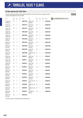 486
TORNILLOS, TACOS Y CLAVOS
I
Tornillo aglomerado CELO Velox
Cincado. Cabeza plana Pozidriv. Rosca lobular, lubrificado. A partir de 3,5x25 mm. incorporan estrías
en cabeza. Homologado CE y ETA 12/0198.
3,5x10 mm.
1.000 unid.
CJ 1 1 2350J3.5X10
3,5x15 mm.
1.000 unid.
CJ 1 1 2350J3.5X15
3,5x17 mm.
1.000 unid.
CJ 1 1 2350J3.5X17
3,5x20 mm.
1.000 unid.
CJ 1 1 2350J3.5X20
3,5x25 mm.
1.000 unid.
CJ 1 1 2350J3.5X25
3,5x30 mm.
200 unid.
CJ 1 1 2350J3.5X30
3,5x35 mm.
200 unid.
CJ 1 1 2350J3.5X35
3,5x40 mm.
200 unid.
CJ 1 1 2350J3.5X40
3,5x45 mm.
200 unid.
CJ 1 1 2350J3.5X45
3,5x50 mm.
200 unid.
CJ 1 1 2350J3.5X50
4,0x15 mm.
1.000 unid.
CJ 1 1 2350J4X15
4,0x17 mm.
1.000 unid.
CJ 1 1 2350J4X17
4,0x20 mm.
200 unid.
CJ 1 1 2350J4X20
4,0x25 mm.
200 unid.
CJ 1 1 2350J4X25
4,0x30 mm.
200 unid.
CJ 1 1 2350J4X30
4,0x35 mm.
200 unid.
CJ 1 1 2350J4X35
4,0x40 mm.
200 unid.
CJ 1 1 2350J4X40
4,0x45 mm.
200 unid.
CJ 1 1 2350J4X45
4,0x50 mm.
200 unid.
CJ 1 1 2350J4X50
4,0x60 mm.
150 unid.
CJ 1 1 2350J4X60
4,0x70 mm.
100 unid.
CJ 1 1 2350J4X70
4,5x15 mm.
500 unid.
CJ 1 1 2350J4.5X15
4,5x20 mm.
500 unid.
CJ 1 1 2350J4.5X20
4,5x25 mm.
500 unid.
CJ 1 1 2350J4.5X25
4,5x30 mm.
200 unid.
CJ 1 1 2350J4.5X30
4,5x35 mm.
200 unid.
CJ 1 1 2350J4.5X35
4,5x40 mm.
200 unid.
CJ 1 1 2350J4.5X40
4,5x45 mm.
200 unid.
CJ 1 1 2350J4.5X45
4,5x50 mm.
200 unid.
CJ 1 1 2350J4.5X50
4,5x60 mm.
150 unid.
CJ 1 1 2350J4.5X60
4,5x70 mm.
100 unid.
CJ 1 1 2350J4.5X70
4,5x80 mm. 50
unid.
CJ 1 1 2350J4.5X80
5,0x25 mm.
500 unid.
CJ 1 1 2350J5X25
5,0x30 mm.
250 unid.
CJ 1 1 2350J5X30
5,0x35 mm.
250 unid.
CJ 1 1 2350J5X35
5,0x40 mm.
250 unid.
CJ 1 1 2350J5X40
5,0x45 mm.
200 unid.
CJ 1 1 2350J5X45
5,0x50 mm.
200 unid.
CJ 1 1 2350J5X50
5,0x60 mm.
125 unid.
CJ 1 1 2350J5X60
5,0x70 mm. 90
unid.
CJ 1 1 2350J5X70
5,0x80 mm. 70
unid.
CJ 1 1 2350J5X80
5,0x90 mm. 60
unid.
CJ 1 1 2350J5X90
5,0x100 mm.
40 unid.
CJ 1 1 2350J5X100
* Servido en cajas, la cantidad por envase puede variar.
 