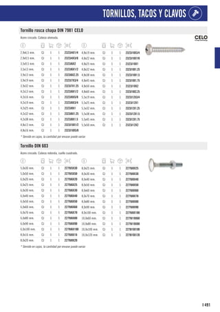 491
I
TORNILLOS, TACOS Y CLAVOS
Tornillo rosca chapa DIN 7981 CELO
Acero cincado. Cabeza alomada.
2,9x6,5 mm. CJ 1 1 2323J4X1/4
2,9x9,5 mm. CJ 1 1 2323J4X3/8
3,5x9,5 mm. CJ 1 1 2323J6X2
3,5x13 mm. CJ 1 1 2323J6X1/2
3,9x13 mm. CJ 1 1 2323J6X2.25
3,9x19 mm. CJ 1 1 2323J7X3/4
3,9x32 mm. CJ 1 1 2323J7X1.25
4,2x13 mm. CJ 1 1 2323J8X1/2
4,2x16 mm. CJ 1 1 2323J8X5/8
4,2x19 mm. CJ 1 1 2323J8X3/4
4,2x25 mm. CJ 1 1 2323J8X1
4,2x32 mm. CJ 1 1 2323J8X1.25
4,2x38 mm. CJ 1 1 2323J8X1.5
4,8x13 mm. CJ 1 1 2323J10X1/2
4,8x16 mm. CJ 1 1 2323J10X5/8
4,8x19 mm. CJ 1 1 2323J10X3/4
4,8x22 mm. CJ 1 1 2323J10X7/8
4,8x25 mm. CJ 1 1 2323J10X1
4,8x32 mm. CJ 1 1 2323J10X1.25
4,8x38 mm. CJ 1 1 2323J10X1.5
4,8x45 mm. CJ 1 1 2323J10X1.75
4,8x50 mm. CJ 1 1 2323J10X2
4,8x60 mm. CJ 1 1 2323J10X2.25
5,5x19 mm. CJ 1 1 2323J12X3/4
5,5x25 mm. CJ 1 1 2323J12X1
5,5x32 mm. CJ 1 1 2323J12X1.25
5,5x38 mm. CJ 1 1 2323J12X1.5
5,5x45 mm. CJ 1 1 2323J12X1.75
5,5x50 mm. CJ 1 1 2323J12X2
* Servido en cajas, la cantidad por envase puede variar.
Tornillo DIN 603
Acero cincado. Cabeza redonda, cuello cuadrado.
5,0x30 mm. CJ 1 1 2279J5X30
5,0x50 mm. CJ 1 1 2279J5X50
6,0x20 mm. CJ 1 1 2279J6X20
6,0x25 mm. CJ 1 1 2279J6X25
6,0x30 mm. CJ 1 1 2279J6X30
6,0x40 mm. CJ 1 1 2279J6X40
6,0x50 mm. CJ 1 1 2279J6X50
6,0x60 mm. CJ 1 1 2279J6X60
6,0x70 mm. CJ 1 1 2279J6X70
6,0x80 mm. CJ 1 1 2279J6X80
6,0x90 mm. CJ 1 1 2279J6X90
6,0x100 mm. CJ 1 1 2279J6X100
8,0x16 mm. CJ 1 1 2279J8X16
8,0x20 mm. CJ 1 1 2279J8X20
8,0x25 mm. CJ 1 1 2279J8X25
8,0x30 mm. CJ 1 1 2279J8X30
8,0x40 mm. CJ 1 1 2279J8X40
8,0x50 mm. CJ 1 1 2279J8X50
8,0x60 mm. CJ 1 1 2279J8X60
8,0x70 mm. CJ 1 1 2279J8X70
8,0x80 mm. CJ 1 1 2279J8X80
8,0x90 mm. CJ 1 1 2279J8X90
8,0x100 mm. CJ 1 1 2279J8X100
10,0x60 mm. CJ 1 1 2279J10X60
10,0x80 mm. CJ 1 1 2279J10X80
10,0x100 mm. CJ 1 1 2279J10X100
10,0x120 mm. CJ 1 1 2279J10X120
* Servido en cajas, la cantidad por envase puede variar.
 