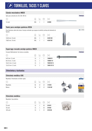 508
TORNILLOS, TACOS Y CLAVOS
I
Cánula mezcladora INDEX
Apta para cartuchos de 150, 300, 400 ml.
12 unid. BOL 1 1 443B80
Tamiz para anclajes químicos DESA
Para fijaciones sobre obra hueca. Incorpra centrador que asegura el perfecto centraje del elemento de
fijación.
12x50 mm. 10 unid. BOL 1 1 443B1250
15x85 mm. 10 unid. BOL 1 1 443B1585
Esparrago roscado anclaje químico INDEX
Cincado. Multimaterial. Con tuerca y arandela.
6x70 mm. 12 unid. CJ 1 1 758B6X70
8x110 mm. 12 unid. CJ 1 1 758B8X110
10x115 mm. 12 unid. CJ 1 1 758B10X115
12x110 mm. 12 unid. CJ 1 1 758B12X110
Chinchetas y tachuelas
Chincheta metálica EHS
Niquelada. Presentados en blíster rígido.
Niquelada. BL 12 12 1410J55
Blanca BL 12 12 1410J180
Chincheta metálica
Niquelada. Caja plástico.
25 unid. CJ 1 40 291B25
50 unid. CJ 1 20 291B50
100 unid. CJ 1 12 291B100
 