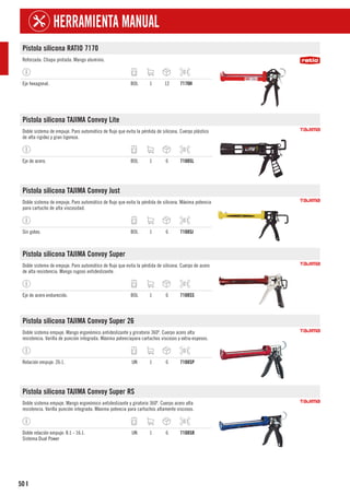 50
HERRAMIENTA MANUAL
I
Pistola silicona RATIO 7170
Reforzada. Chapa pintada. Mango aluminio.
Eje hexagonal. BOL 1 12 7170H
Pistola silicona TAJIMA Convoy Lite
Doble sistema de empuje. Paro automático de flujo que evita la pérdida de silicona. Cuerpo plástico
de alta rigidez y gran ligereza.
Eje de acero. BOL 1 6 7108SL
Pistola silicona TAJIMA Convoy Just
Doble sistema de empuje. Paro automático de flujo que evita la pérdida de silicona. Máxima potencia
para cartucho de alta viscosidad.
Sin goteo. BOL 1 6 7108SJ
Pistola silicona TAJIMA Convoy Super
Doble sistema de empuje. Paro automático de flujo que evita la pérdida de silicona. Cuerpo de acero
de alta resistencia. Mango rugoso antideslizante.
Eje de acero endurecido. BOL 1 6 7108SS
Pistola silicona TAJIMA Convoy Super 26
Doble sistema empuje. Mango ergonómico antideslizante y griratorio 360º. Cuerpo acero alta
resistencia. Varilla de punción integrada. Máxima potenciapara cartuchos viscosos y extra-espesos.
Relación empuje: 26:1. UN 1 6 7108SP
Pistola silicona TAJIMA Convoy Super RS
Doble sistema empuje. Mango ergonómico antideslizante y giratorio 360º. Cuerpo acero alta
resistencia. Varilla punción integrada. Máxima potencia para cartuchos altamente viscosos.
Doble relación empuje: 8:1 - 16:1.
Sistema Dual Power
UN 1 6 7108SR
 