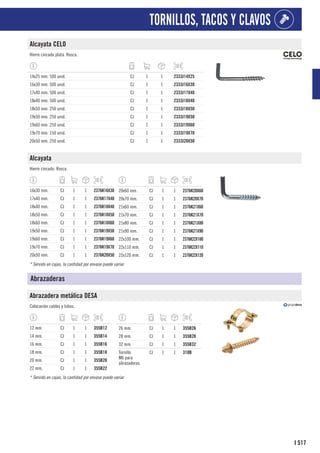 517
I
TORNILLOS, TACOS Y CLAVOS
Alcayata CELO
Hierro cincado plata. Rosca.
14x25 mm. 500 unid. CJ 1 1 2333J14X25
16x30 mm. 500 unid. CJ 1 1 2333J16X30
17x40 mm. 500 unid. CJ 1 1 2333J17X40
18x40 mm. 500 unid. CJ 1 1 2333J18X40
18x50 mm. 250 unid. CJ 1 1 2333J18X50
19x50 mm. 250 unid. CJ 1 1 2333J19X50
19x60 mm. 250 unid. CJ 1 1 2333J19X60
19x70 mm. 150 unid. CJ 1 1 2333J19X70
20x50 mm. 250 unid. CJ 1 1 2333J20X50
Alcayata
Hierro cincado. Rosca.
16x30 mm. CJ 1 1 2376K16X30
17x40 mm. CJ 1 1 2376K17X40
18x40 mm. CJ 1 1 2376K18X40
18x50 mm. CJ 1 1 2376K18X50
18x60 mm. CJ 1 1 2376K18X60
19x50 mm. CJ 1 1 2376K19X50
19x60 mm. CJ 1 1 2376K19X60
19x70 mm. CJ 1 1 2376K19X70
20x50 mm. CJ 1 1 2376K20X50
20x60 mm . CJ 1 1 2376K20X60
20x70 mm. CJ 1 1 2376K20X70
21x60 mm. CJ 1 1 2376K21X60
21x70 mm. CJ 1 1 2376K21X70
21x80 mm. CJ 1 1 2376K21X80
21x90 mm. CJ 1 1 2376K21X90
22x100 mm. CJ 1 1 2376K22X100
22x110 mm. CJ 1 1 2376K22X110
22x120 mm. CJ 1 1 2376K22X120
* Servido en cajas, la cantidad por envase puede variar.
Abrazaderas
Abrazadera metálica DESA
Colocación cables y tubos.
12 mm. CJ 1 1 355B12
14 mm. CJ 1 1 355B14
16 mm. CJ 1 1 355B16
18 mm. CJ 1 1 355B18
20 mm. CJ 1 1 355B20
22 mm. CJ 1 1 355B22
26 mm. CJ 1 1 355B26
28 mm. CJ 1 1 355B28
32 mm. CJ 1 1 355B32
Tornillo
M6 para
abrazaderas.
CJ 1 1 310B
* Servido en cajas, la cantidad por envase puede variar.
 