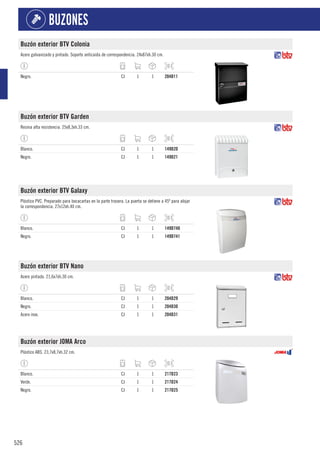 526
BUZONES
Buzón exterior BTV Colonia
Acero galvanizado y pintado. Soporte anticaída de correspondencia. 24x87xh.30 cm.
Negro. CJ 1 1 204D11
Buzón exterior BTV Garden
Resina alta resistencia. 25x8,3xh.33 cm.
Blanco. CJ 1 1 149D20
Negro. CJ 1 1 149D21
Buzón exterior BTV Galaxy
Plástico PVC. Preparado para bocacartas en la parte trasera. La puerta se detiene a 45º para alojar
la correspondencia. 27x12xh.40 cm.
Blanco. CJ 1 1 149D740
Negro. CJ 1 1 149D741
Buzón exterior BTV Nano
Acero pintado. 21,6x7xh.30 cm.
Blanco. CJ 1 1 204D29
Negro. CJ 1 1 204D30
Acero inox. CJ 1 1 204D31
Buzón exterior JOMA Arco
Plástico ABS. 23,7x8,7xh.32 cm.
Blanco. CJ 1 1 217D23
Verde. CJ 1 1 217D24
Negro. CJ 1 1 217D25
 