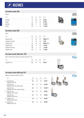 530
BUZONES
Cerradura buzón EHL
Presión.
Cromada CJ 20 20 3310D1
Dorada CJ 20 20 3310D2
Cromada. DB 1 10 111D235
Dorada. DB 1 10 111D236
Cerradura buzón EHL
Rosca.
Lengüeta recta. CJ 20 20 4300D111/1
Lengüeta recta larga. CJ 20 20 3312D
Lengüeta curva. CJ 20 20 4300D111/2
Lengüeta recta. DB 1 10 111D237
Lengüeta recta larga. DB 1 10 111D238
Lengüeta curva. DB 1 10 111D239
Cerradura buzón AGA mod. 799
Rosca. Cromada. Para puertas con espesor de hasta 27 mm.
Lengüeta T-101. BOL 10 30 3514D1
Cerradura buzón AGA mod.135
Media rosca. Zamac cromado. Giro 180º. 1. 2. 3.
4.
1. Largo 18,5 mm.
Lengüeta recta C-40.
BOL 10 30 3510D1
Largo 18,5 mm.
Lengüeta recta C-40. Llaves iguales.
BOL 10 30 3510D11
Largo 18,5 mm.
Lengüeta recta C-40. 1 llave de cartero.
BOL 10 30 3510D111
2. Largo 18,5 mm.
Lengüeta curva C-35-03.
BOL 10 30 3510D2
Largo 18,5 mm.
Lengüeta curva C35-05.
BOL 10 30 3510D3
3. Largo 18,5 mm.
Lengüeta curva C35-10
BOL 10 30 3510D4
4. Largo 32 mm.
Lengüeta recta C-40.
BOL 10 30 3510D5
 
