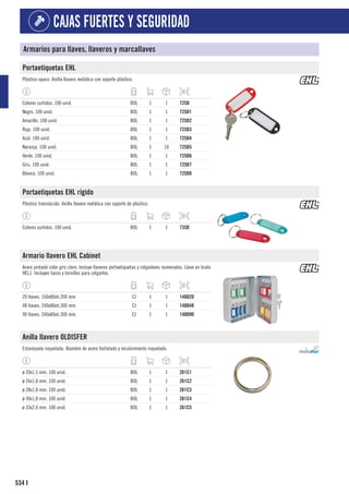 534
CAJAS FUERTES Y SEGURIDAD
I
Armarios para llaves, llaveros y marcallaves
Portaetiquetas EHL
Plástico opaco. Anilla llavero metálica con soporte plástico.
Colores surtidos. 100 unid. BOL 1 1 725D
Negro. 100 unid. BOL 1 1 725D1
Amarillo. 100 unid. BOL 1 1 725D2
Rojo. 100 unid. BOL 1 1 725D3
Azul. 100 unid. BOL 1 1 725D4
Naranja. 100 unid. BOL 1 10 725D5
Verde. 100 unid. BOL 1 1 725D6
Gris. 100 unid. BOL 1 1 725D7
Blanco. 100 unid. BOL 1 1 725D8
Portaetiquetas EHL rígido
Plástico translúcido. Anilla llavero metálica con soporte de plástico.
Colores surtidos. 100 unid. BOL 1 1 735D
Armario llavero EHL Cabinet
Acero pintado color gris claro. Incluye llaveros portaetiquetas y colgadores numerados. Llave en bruto
HEL1. Incluyen tacos y tornillos para colgarlos.
20 llaves. 160x80xh.200 mm CJ 1 1 140D20
48 llaves. 240x80xh.300 mm. CJ 1 1 140D48
90 llaves. 240x80xh.300 mm. CJ 1 1 140D90
Anilla llavero OLDISFER
Estampada niquelada. Alambre de acero fosfatado y recubrimiento niquelado.
ø 20x1,5 mm. 100 unid. BOL 1 1 261C1
ø 26x1,8 mm. 100 unid. BOL 1 1 261C2
ø 28x1,8 mm. 100 unid. BOL 1 1 261C3
ø 30x1,8 mm. 100 unid. BOL 1 1 261C4
ø 33x2,0 mm. 100 unid. BOL 1 1 261C5
 