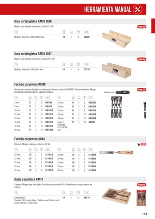 53
I
HERRAMIENTA MANUAL
Guía cortaingletes RATIO 3688
Madera con laterales encolados. Corte 45º y 90º.
Medidas interiores: 300x100x40 mm. UN 1 6 3688H
Guía cortaingletes RATIO 3557
Madera con laterales encolados. Cortes 45º y 90º.
Medidas interiores: 245x53x40 mm. UN 1 9 3557H
Formón carpintero RATIO
Acero cromo-vanadio forjado con tratamiento térmico, dureza 58-62HRC. Cantos biselados. Mango
bimaterial antideslizante con cabezal metálico.
6 mm. PL 1 6 6961H6
8 mm. PL 1 6 6961H8
10 mm. PL 1 10 6961H10
12 mm. PL 1 10 6961H12
14 mm. PL 1 10 6961H14
16 mm. PL 1 6 6961H16
18 mm. PL 1 10 6961H18
20 mm. PL 1 10 6961H20
22 mm. PL 1 6 6961H22
24 mm. PL 1 6 6961H24
26 mm. PL 1 6 6961H26
28 mm. PL 1 10 6961H28
30 mm. PL 1 10 6961H30
Juego 4
formones.
6-12-18-24
mm.
PL 1 20 6962H4
Formón carpintero URKO
Biselado. Mango madera y protector del filo.
10 mm. UN 1 1 6119H10
12 mm. UN 1 1 6119H12
14 mm. UN 1 1 6119H14
16 mm. UN 1 1 6119H16
18 mm. UN 1 1 6119H18
20 mm. UN 1 1 6119H20
22 mm. UN 1 1 6119H22
24 mm. UN 1 1 6119H24
28 mm. UN 1 1 6119H28
30 mm. UN 1 1 6119H30
Gubia carpintero RATIO
6 piezas. Mango haya barnizado. Cuchillas acero carbón #45. Presentación en caja soporte de
madera.
Composición:
Curvado V / Curvado plano / Gubia curva / Gubia recta /
Cincel oblícuo / Cincel recto.
DB 1 12 6667H
 