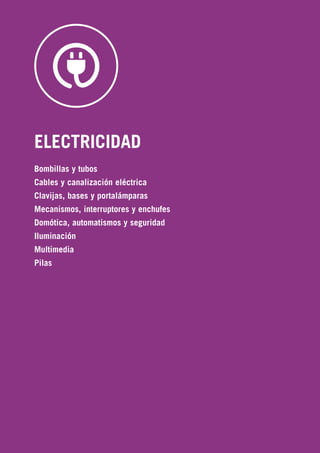 544
ELECTRICIDAD
Bombillas y tubos
Cables y canalización eléctrica
Clavijas, bases y portalámparas
Mecanismos, interruptores y enchufes
Domótica, automatismos y seguridad
Iluminación
Multimedia
Pilas
 