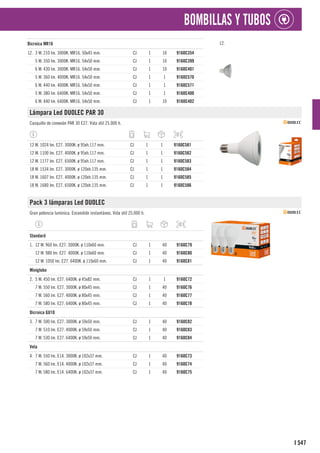 547
I
BOMBILLAS Y TUBOS
Dicroica MR16
12. 3 W. 210 lm. 3000K. MR16. 50x45 mm. CJ 1 10 9160C354
5 W. 350 lm. 3000K. MR16. 54x50 mm. CJ 1 10 9160C399
6 W. 430 lm. 3000K. MR16. 54x50 mm. CJ 1 10 9160C401
5 W. 360 lm. 4000K. MR16. 54x50 mm. CJ 1 1 9160C570
6 W. 440 lm. 4000K. MR16. 54x50 mm. CJ 1 1 9160C571
5 W. 380 lm. 6400K. MR16. 54x50 mm. CJ 1 1 9160C400
6 W. 440 lm. 6400K. MR16. 54x50 mm. CJ 1 10 9160C402
Lámpara Led DUOLEC PAR 30
Casquillo de conexión PAR 30 E27. Vida útil 25.000 h.
12 W. 1024 lm. E27. 3000K. ø 95xh.117 mm. CJ 1 1 9160C581
12 W. 1100 lm. E27. 4000K. ø 95xh.117 mm. CJ 1 1 9160C582
12 W. 1177 lm. E27. 6500K. ø 95xh.117 mm. CJ 1 1 9160C583
18 W. 1534 lm. E27. 3000K. ø 120xh.135 mm. CJ 1 1 9160C584
18 W. 1607 lm. E27. 4000K. ø 120xh.135 mm. CJ 1 1 9160C585
18 W. 1680 lm. E27. 6500K. ø 120xh.135 mm. CJ 1 1 9160C586
Pack 3 lámparas Led DUOLEC
Gran potencia lumínica. Encendido instantáneo. Vida útil 25.000 h.
1
Standard
1. 12 W. 960 lm. E27. 3000K. ø 110x60 mm. CJ 1 40 9160C79
12 W. 980 lm. E27. 4000K. ø 110x60 mm. CJ 1 40 9160C80
12 W. 1050 lm. E27. 6400K. ø 110x60 mm. CJ 1 40 9160C81
1
Miniglobo
2. 5 W. 450 lm. E27. 6400K. ø 45x82 mm. CJ 1 1 9160C72
7 W. 550 lm. E27. 3000K. ø 80x45 mm. CJ 1 40 9160C76
7 W. 560 lm. E27. 4000K. ø 80x45 mm. CJ 1 40 9160C77
7 W. 580 lm. E27. 6400K. ø 80x45 mm. CJ 1 40 9160C78
1
Dicroica GU10
3. 7 W. 500 lm. E27. 3000K. ø 59x50 mm. CJ 1 40 9160C82
7 W. 510 lm. E27. 4000K. ø 59x50 mm. CJ 1 40 9160C83
7 W. 530 lm. E27. 6400K. ø 59x50 mm. CJ 1 40 9160C84
1
Vela
4. 7 W. 550 lm. E14. 3000K. ø 102x37 mm. CJ 1 40 9160C73
7 W. 560 lm. E14. 4000K. ø 102x37 mm. CJ 1 40 9160C74
7 W. 580 lm. E14. 6400K. ø 102x37 mm. CJ 1 40 9160C75
12.
 