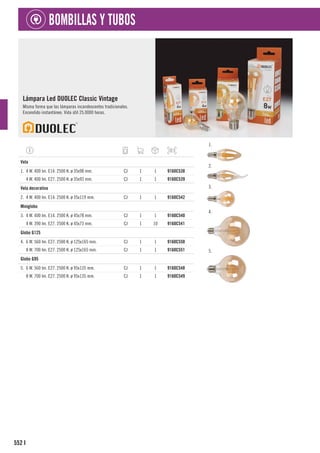 552
BOMBILLAS Y TUBOS
I
Lámpara Led DUOLEC Classic Vintage
Misma forma que las lámparas incandescentes tradicionales.
Encendido instantáneo. Vida útil 25.0000 horas.
1.
2.
3.
4.
5.
1
Vela
1. 4 W. 400 lm. E14. 2500 K. ø 35x98 mm. CJ 1 1 9160C538
4 W. 400 lm. E27. 2500 K. ø 35x93 mm. CJ 1 1 9160C539
1
Vela decorativa
2. 4 W. 400 lm. E14. 2500 K. ø 35x119 mm. CJ 1 1 9160C542
1
Miniglobo
3. 4 W. 400 lm. E14. 2500 K. ø 45x78 mm. CJ 1 1 9160C540
4 W. 390 lm. E27. 2500 K. ø 45x73 mm. CJ 1 10 9160C541
1
Globo G125
4. 6 W. 560 lm. E27. 2500 K. ø 125x165 mm. CJ 1 1 9160C550
8 W. 700 lm. E27. 2500 K. ø 125x165 mm. CJ 1 1 9160C551
1
Globo G95
5. 6 W. 560 lm. E27. 2500 K. ø 95x135 mm. CJ 1 1 9160C548
8 W. 700 lm. E27. 2500 K. ø 95x135 mm. CJ 1 1 9160C549
 