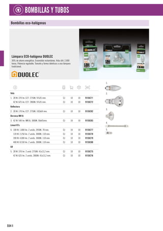 554
BOMBILLAS Y TUBOS
I
Bombillas eco-halógenas
Lámpara ECO-halógena DUOLEC
30% de ahorro energético. Encendido instantáneo. Vida útil: 2.000
horas. Potencia regulable. Tamaño y forma idénticos a una lámpara
tradicional.
1.
2.
3.
4.
5.
1
Vela
1. 28 W. 370 lm. E27. 2750K. 97x35 mm. CJ 10 10 9155C71
42 W. 625 lm. E27. 2800K. 97x35 mm. CJ 10 10 9155C72
1
Reflectora
2. 28 W. 170 lm. E27. 2750K. 102x64 mm. CJ 10 10 9155C92
1
Dicroica MR16
3. 42 W. 540 lm. MR16. 3000K. 50x45mm. CJ 10 10 9155C83
1
Lineal R7s
4. 100 W. 1.800 lm. 2 unids. 2950K. 78 mm. CJ 10 10 9155C77
120 W. 2.250 lm. 2 unids. 3000K. 118 mm. CJ 10 10 9155C78
200 W. 4.000 lm. 2 unids. 3000K. 118 mm. CJ 10 10 9155C79
400 W. 8.550 lm. 2 unids. 3000K. 118 mm. CJ 10 10 9155C80
1
G9
5. 28 W. 370 lm. 2 unid. 2750K. 41x13,2 mm. CJ 10 10 9155C75
42 W. 625 lm. 2 unids. 2800K. 41x13,2 mm. CJ 10 10 9155C76
 