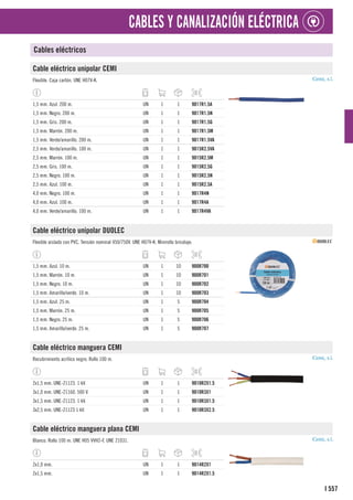 557
I
CABLES Y CANALIZACIÓN ELÉCTRICA
Cables eléctricos
Cable eléctrico unipolar CEMI
Flexible. Caja cartón. UNE H07V-K.
1,5 mm. Azul. 200 m. UN 1 1 9017R1.5A
1,5 mm. Negro. 200 m. UN 1 1 9017R1.5N
1,5 mm. Gris. 200 m. UN 1 1 9017R1.5G
1,5 mm. Marrón. 200 m. UN 1 1 9017R1.5M
1,5 mm. Verde/amarillo. 200 m. UN 1 1 9017R1.5VA
2,5 mm. Verde/amarillo. 100 m. UN 1 1 9015R2.5VA
2,5 mm. Marrón. 100 m. UN 1 1 9015R2.5M
2,5 mm. Gris. 100 m. UN 1 1 9015R2.5G
2,5 mm. Negro. 100 m. UN 1 1 9015R2.5N
2,5 mm. Azul. 100 m. UN 1 1 9015R2.5A
4,0 mm. Negro. 100 m. UN 1 1 9017R4N
4,0 mm. Azul. 100 m. UN 1 1 9017R4A
4,0 mm. Verde/amarillo. 100 m. UN 1 1 9017R4VA
Cable eléctrico unipolar DUOLEC
Flexible aislado con PVC. Tensión nominal 450/750V. UNE H07V-K. Minirollo bricolaje.
1,5 mm. Azul. 10 m. UN 1 10 900R700
1,5 mm. Marrón. 10 m. UN 1 10 900R701
1,5 mm. Negro. 10 m. UN 1 10 900R702
1,5 mm. Amarillo/verde. 10 m. UN 1 10 900R703
1,5 mm. Azul. 25 m. UN 1 5 900R704
1,5 mm. Marrón. 25 m. UN 1 5 900R705
1,5 mm. Negro. 25 m. UN 1 5 900R706
1,5 mm. Amarillo/verde. 25 m. UN 1 5 900R707
Cable eléctrico manguera CEMI
Recubrimiento acrílico negro. Rollo 100 m.
2x1,5 mm. UNE-21123. 1 kV. UN 1 1 9010R2X1.5
3x1,0 mm. UNE-21160. 500 V. UN 1 1 9010R3X1
3x1,5 mm. UNE-21123. 1 kV. UN 1 1 9010R3X1.5
3x2,5 mm. UNE-21123 1 kV. UN 1 1 9010R3X2.5
Cable eléctrico manguera plana CEMI
Blanco. Rollo 100 m. UNE H05 VVH2-F, UNE 21031.
2x1,0 mm. UN 1 1 9014R2X1
2x1,5 mm. UN 1 1 9014R2X1.5
 